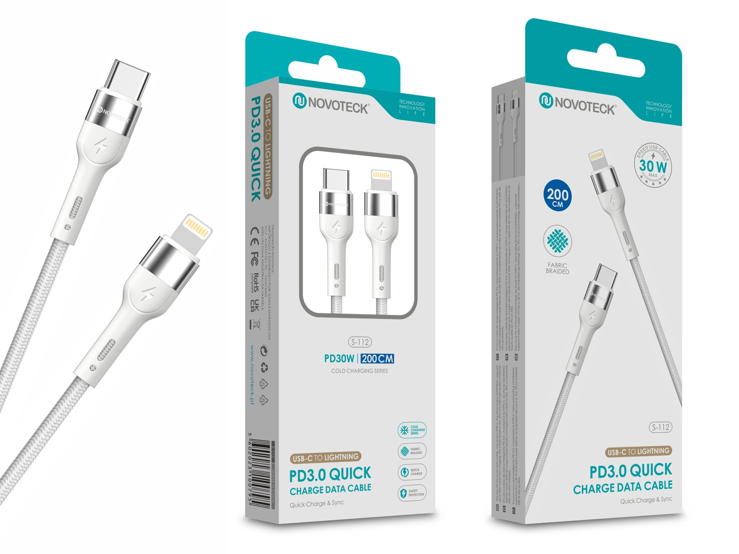 Cables blancos USB-C a Lightning con trenzado de tela y conectores plateados.
