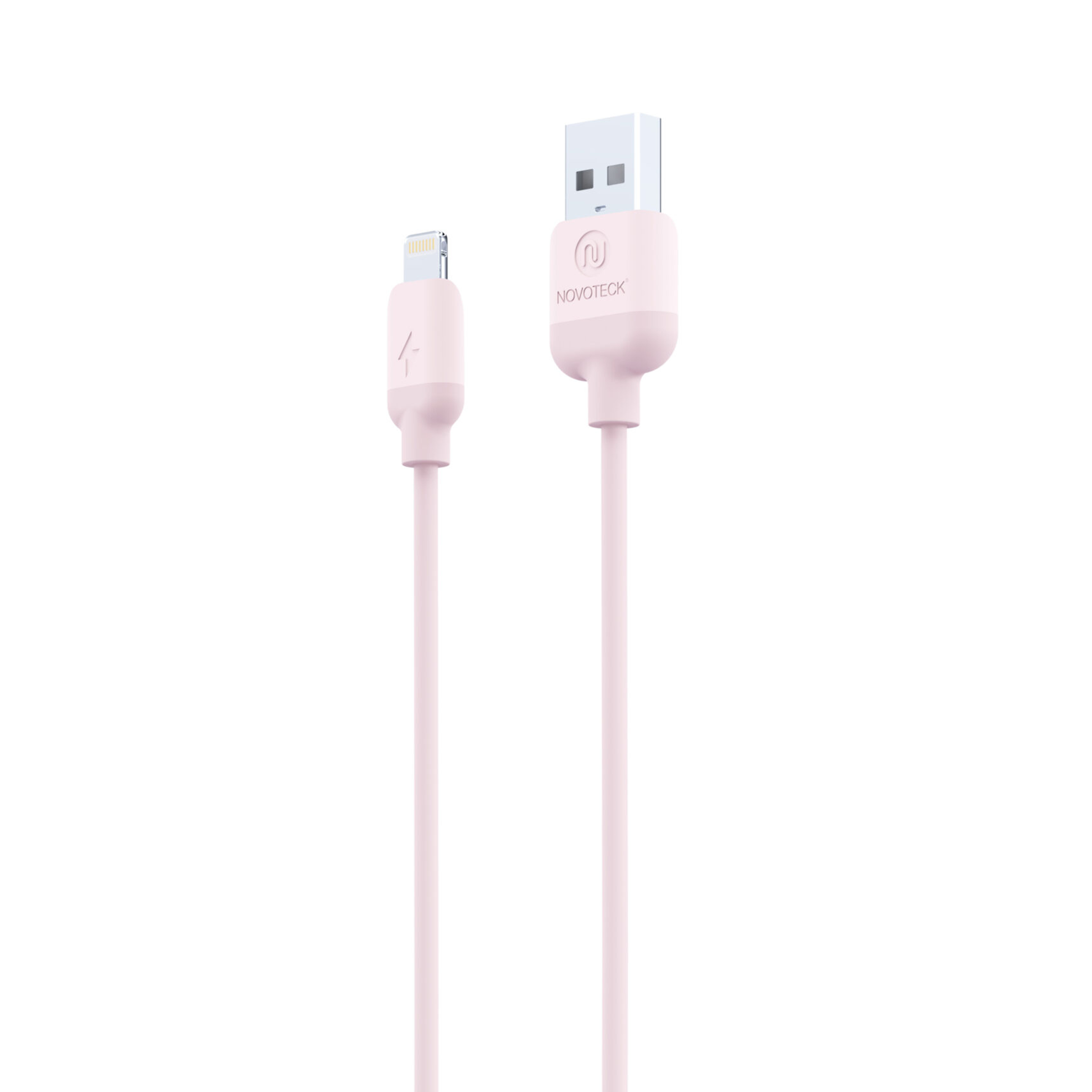 Un cavo di ricarica rosa con connettori USB-A e Lightning.