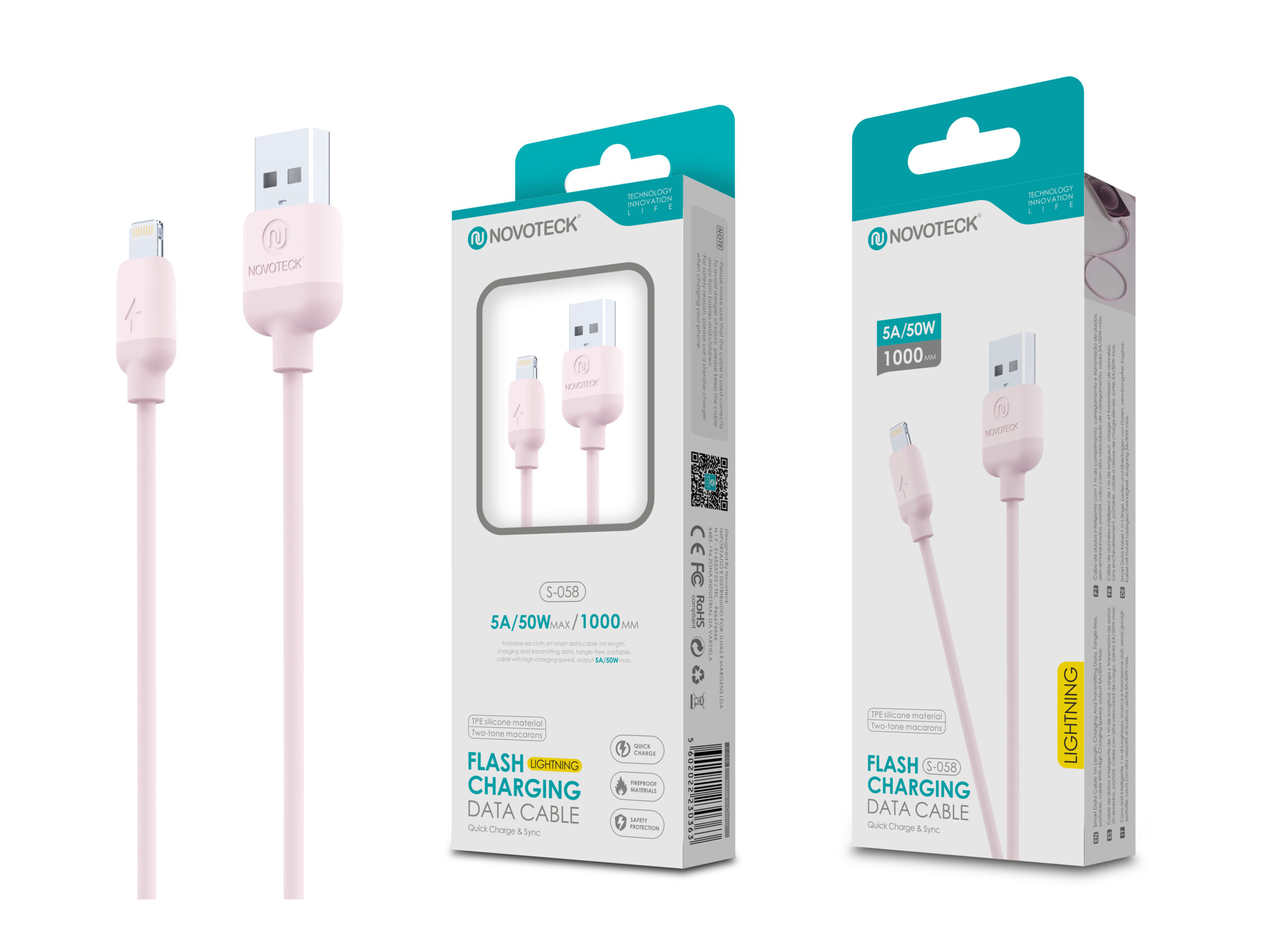 Un cavo di ricarica NOVOTECK rosa con connettori USB-A e Lightning, lungo 1m.