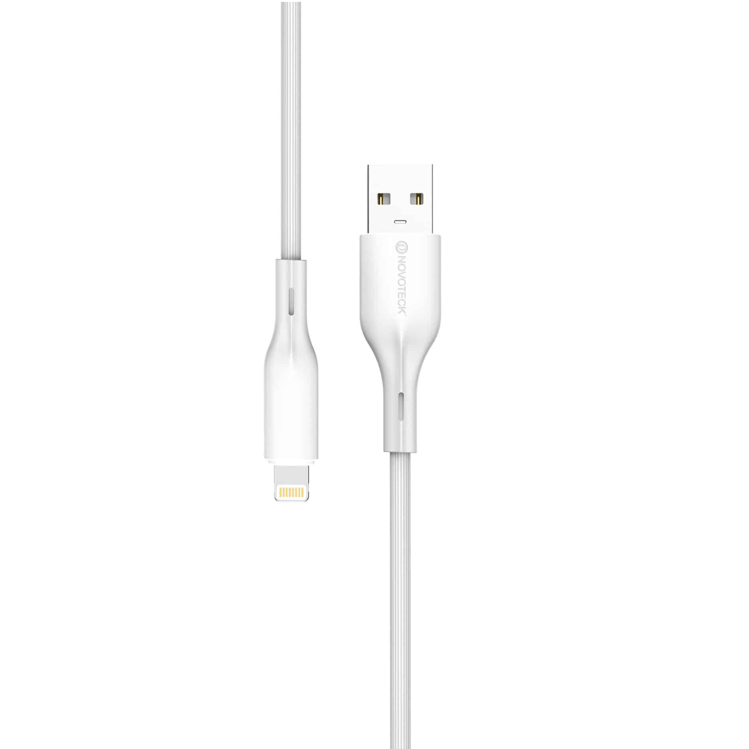 Un cavo da USB-A a Lightning bianco con connettori distintivi.
