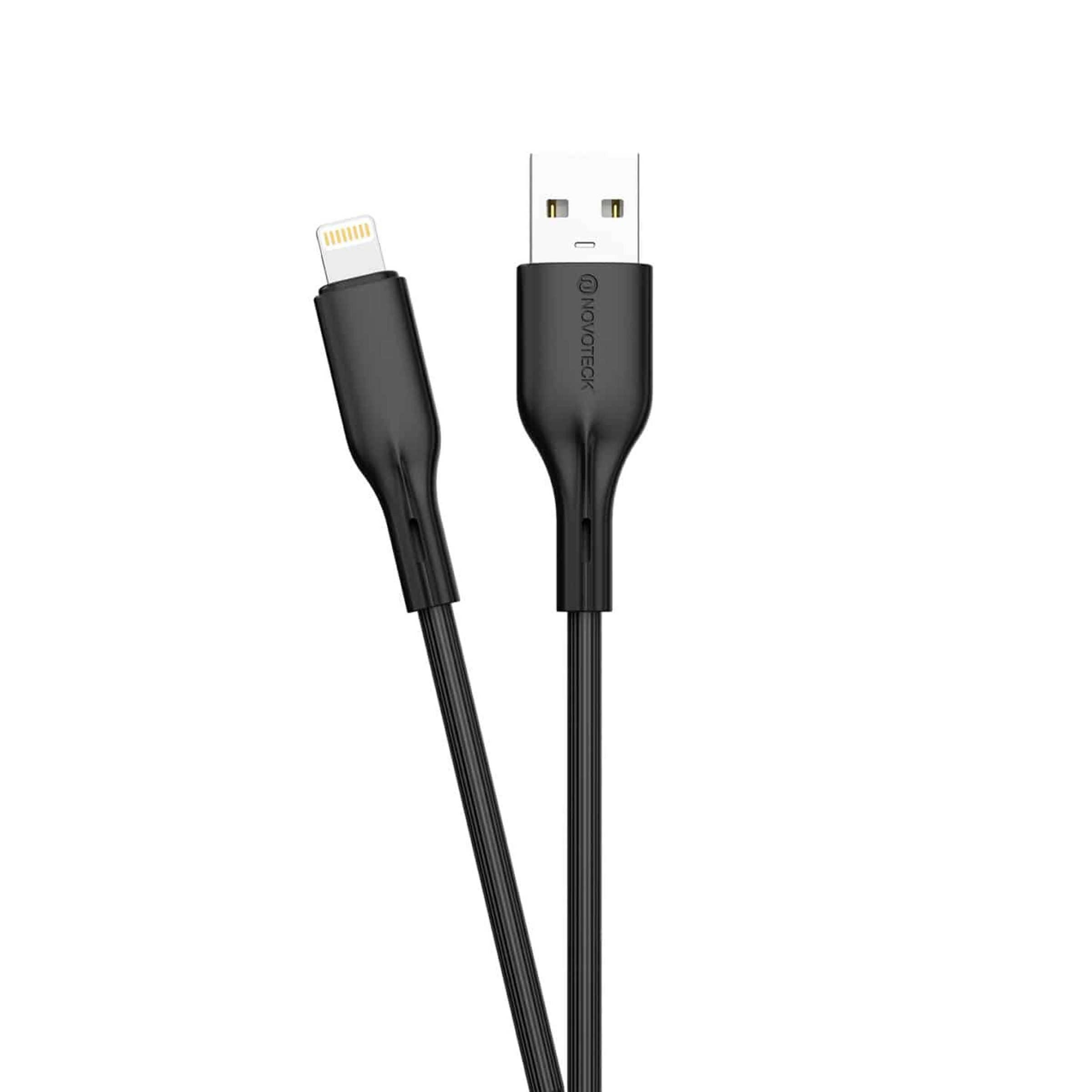 Un cavo USB-C nero con connettore Lightning.