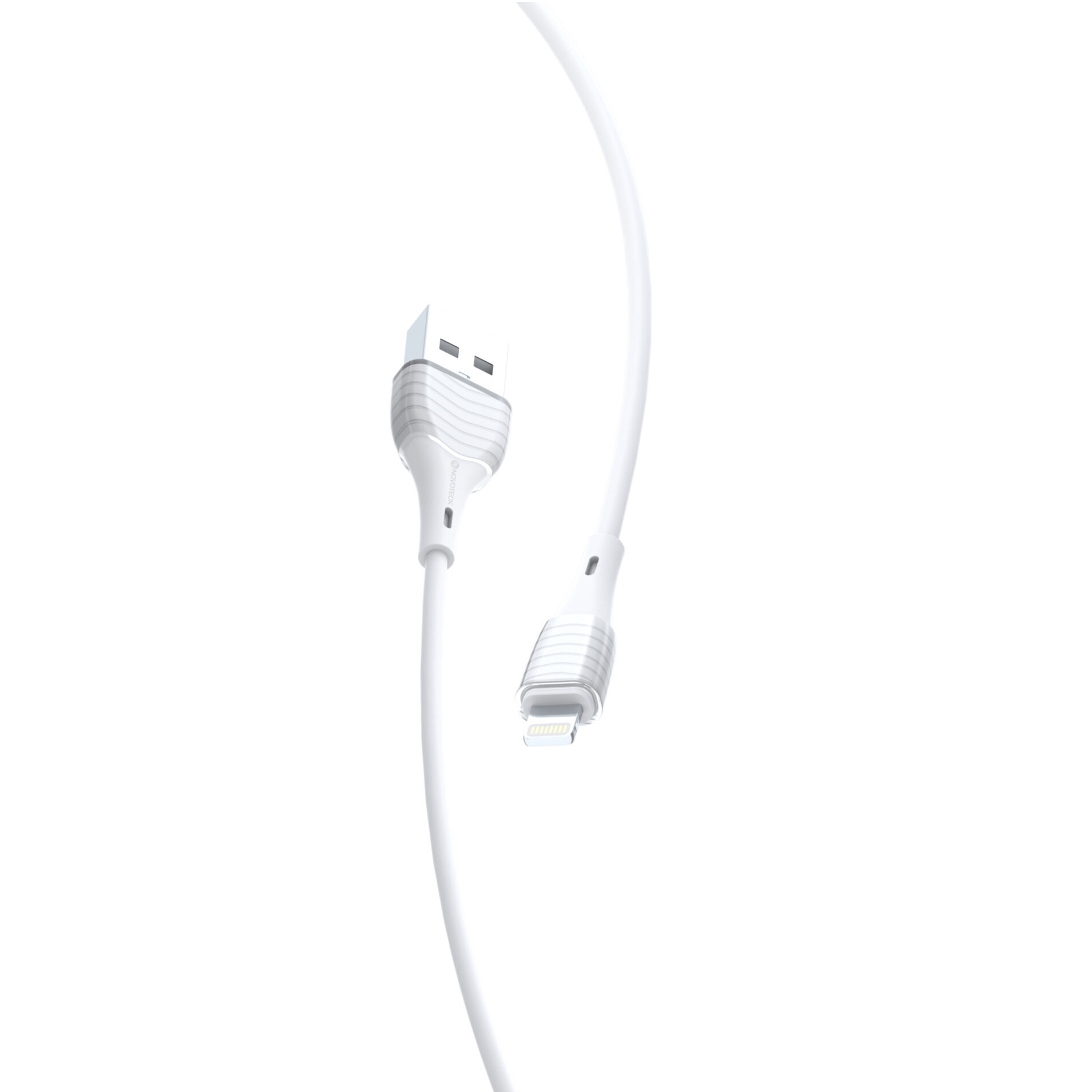 Un cavo da USB a Lightning bianco con accenti argentati.