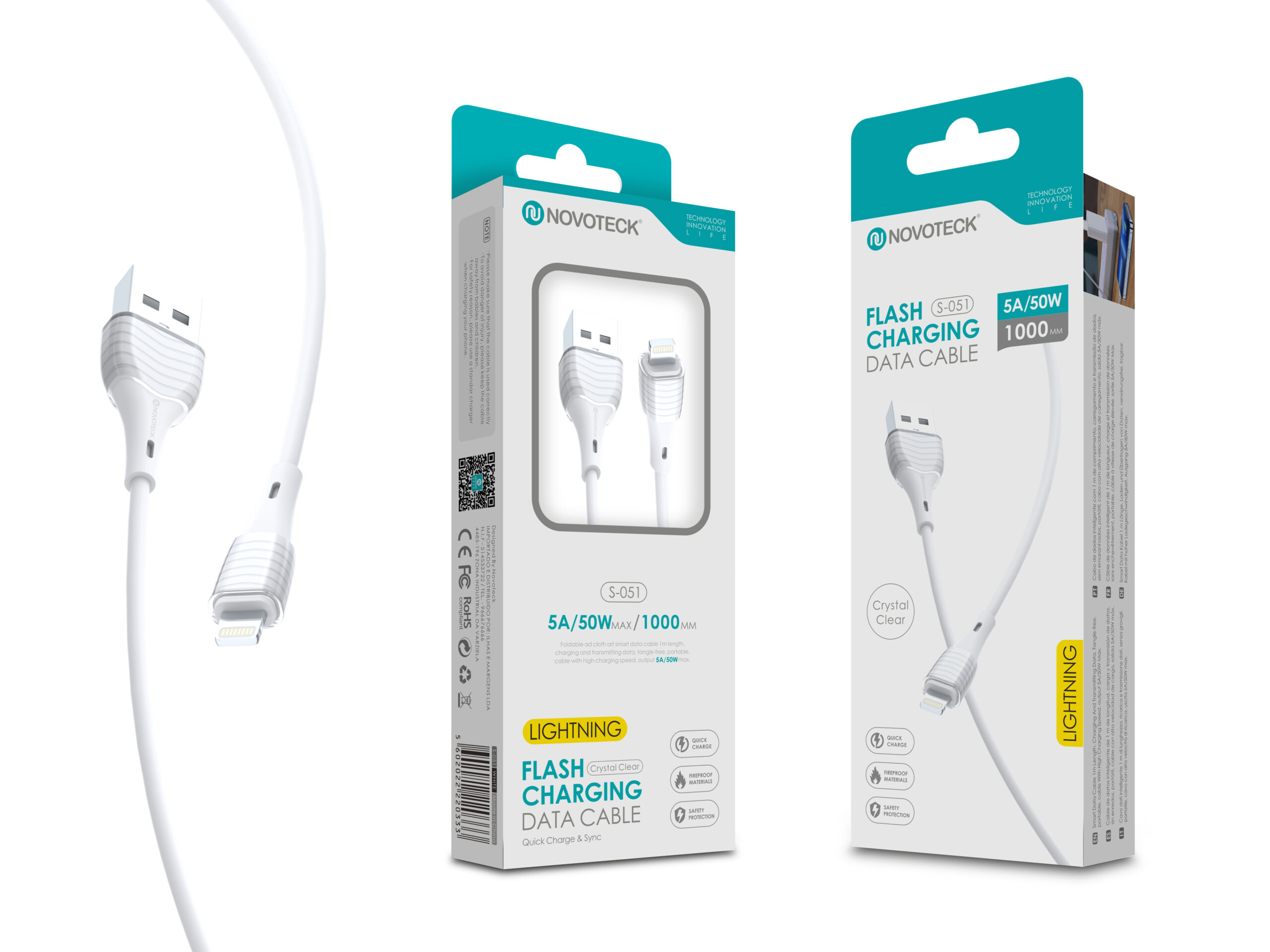 Cavi di ricarica Novoteck bianchi con connettori USB-A e Lightning. 5A/50W.