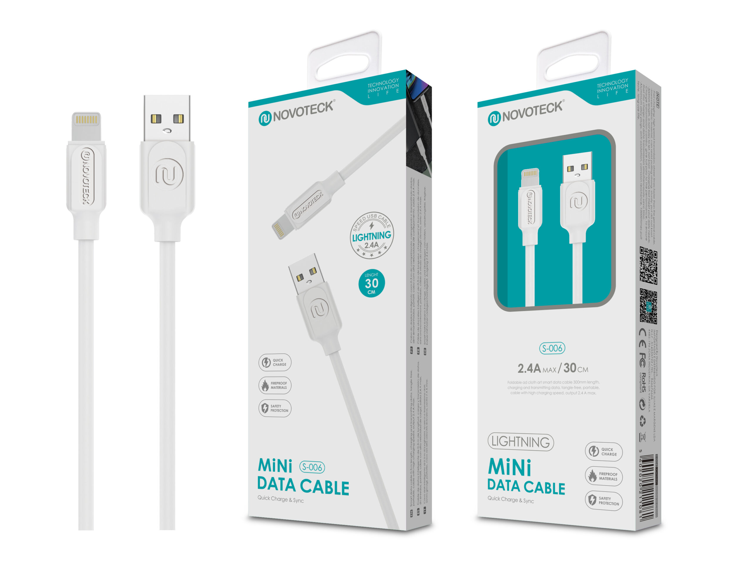 Due cavi di ricarica Novoteck bianchi con connettori Lightning e USB-A su confezione.