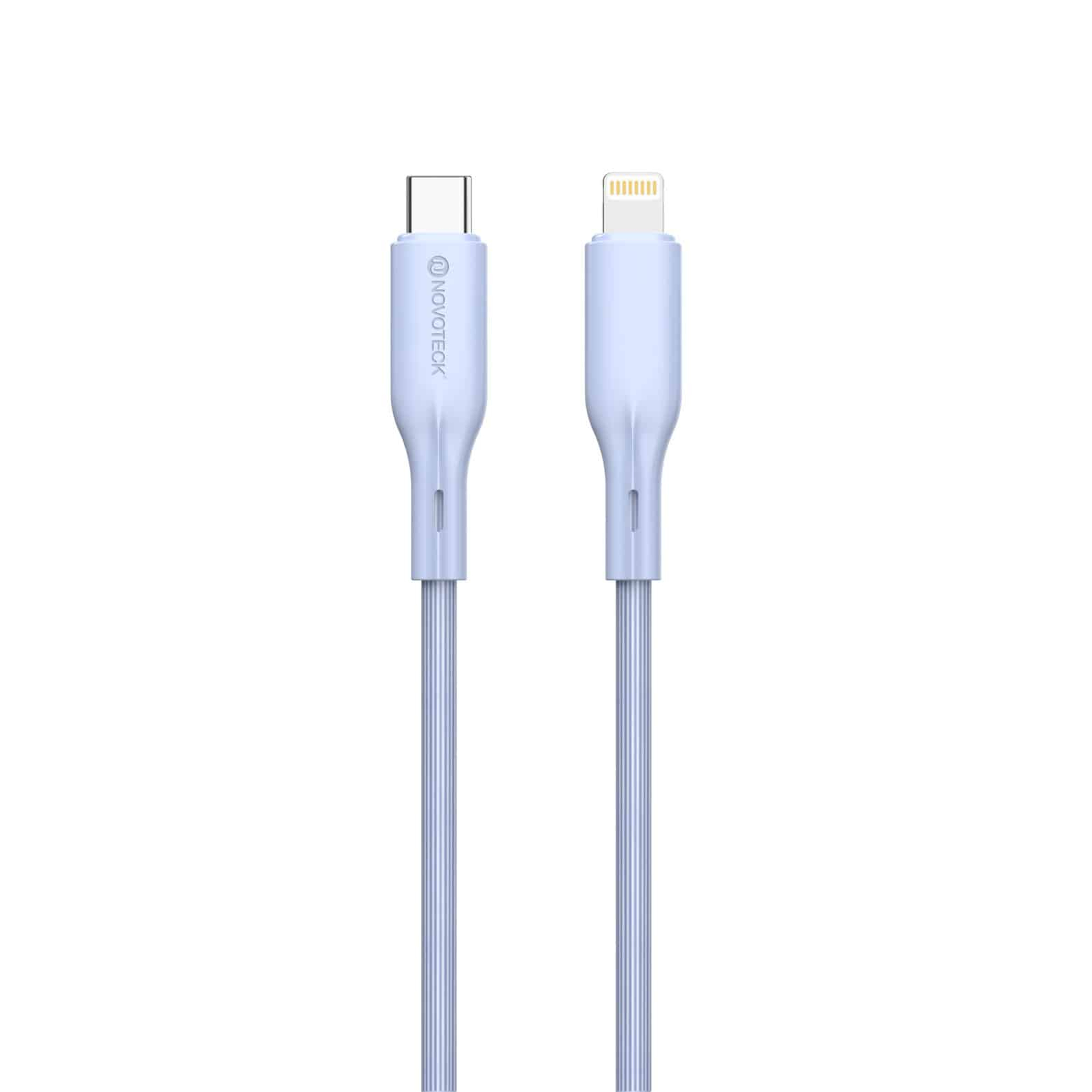 Sfondo bianco con due cavi di ricarica blu, uno USB-C e uno Lightning.