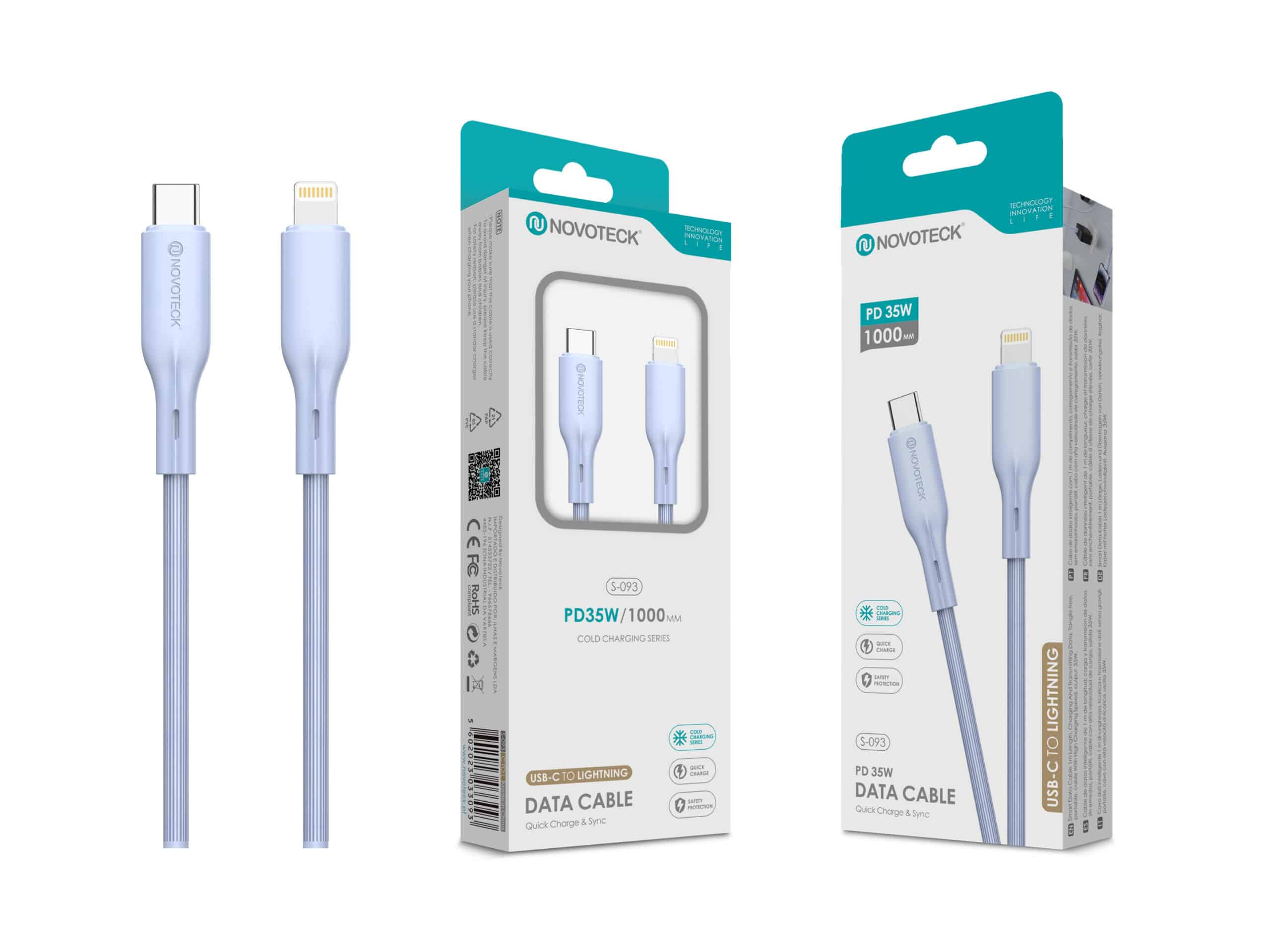 Due cavi dati Novotec da USB-C a Lightning, 35W, 1000mm, mostrati nella confezione.