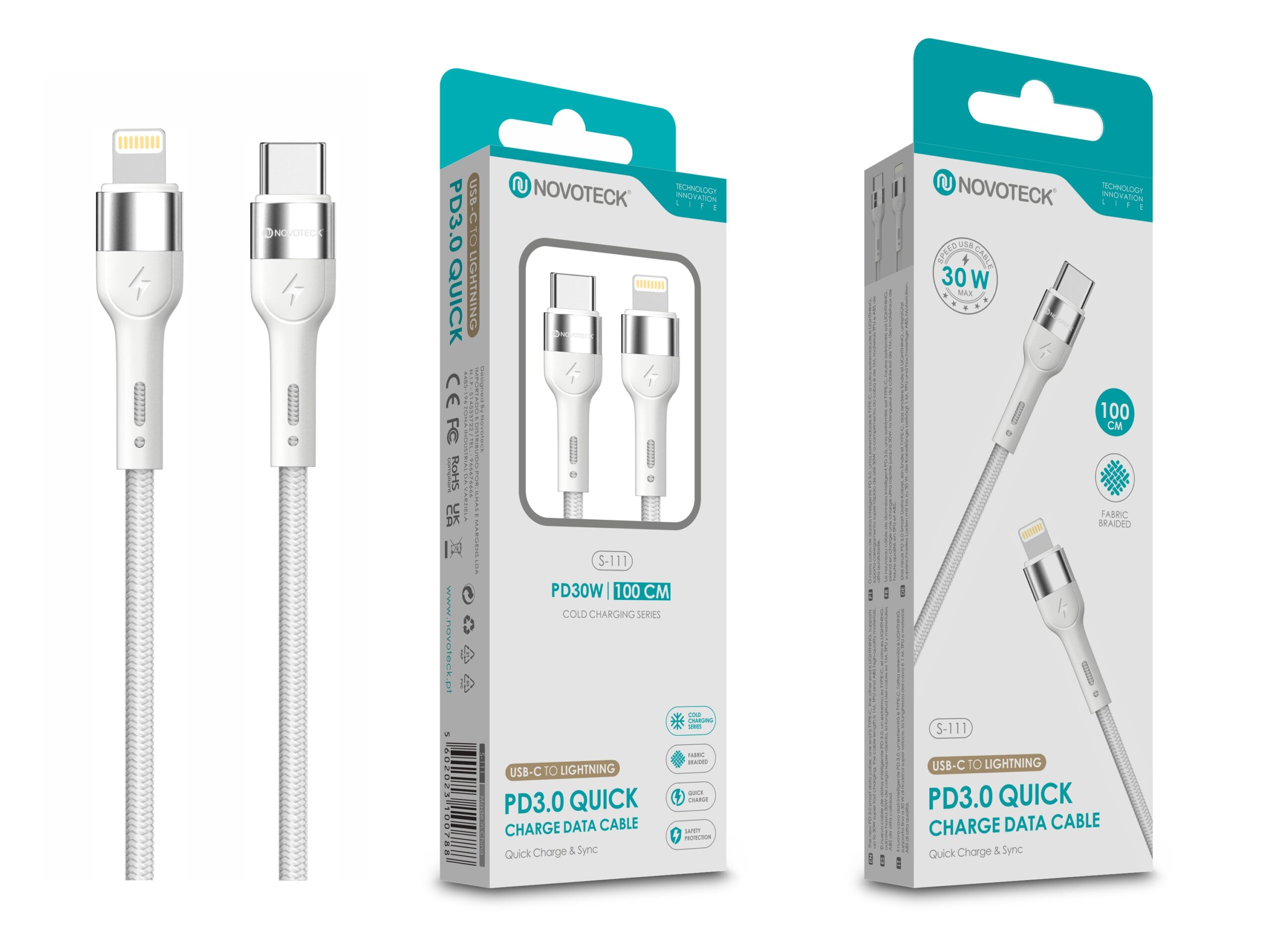 Due cavi di ricarica Novoteck PD 3.0 bianchi con connettori USB-C e Lightning.