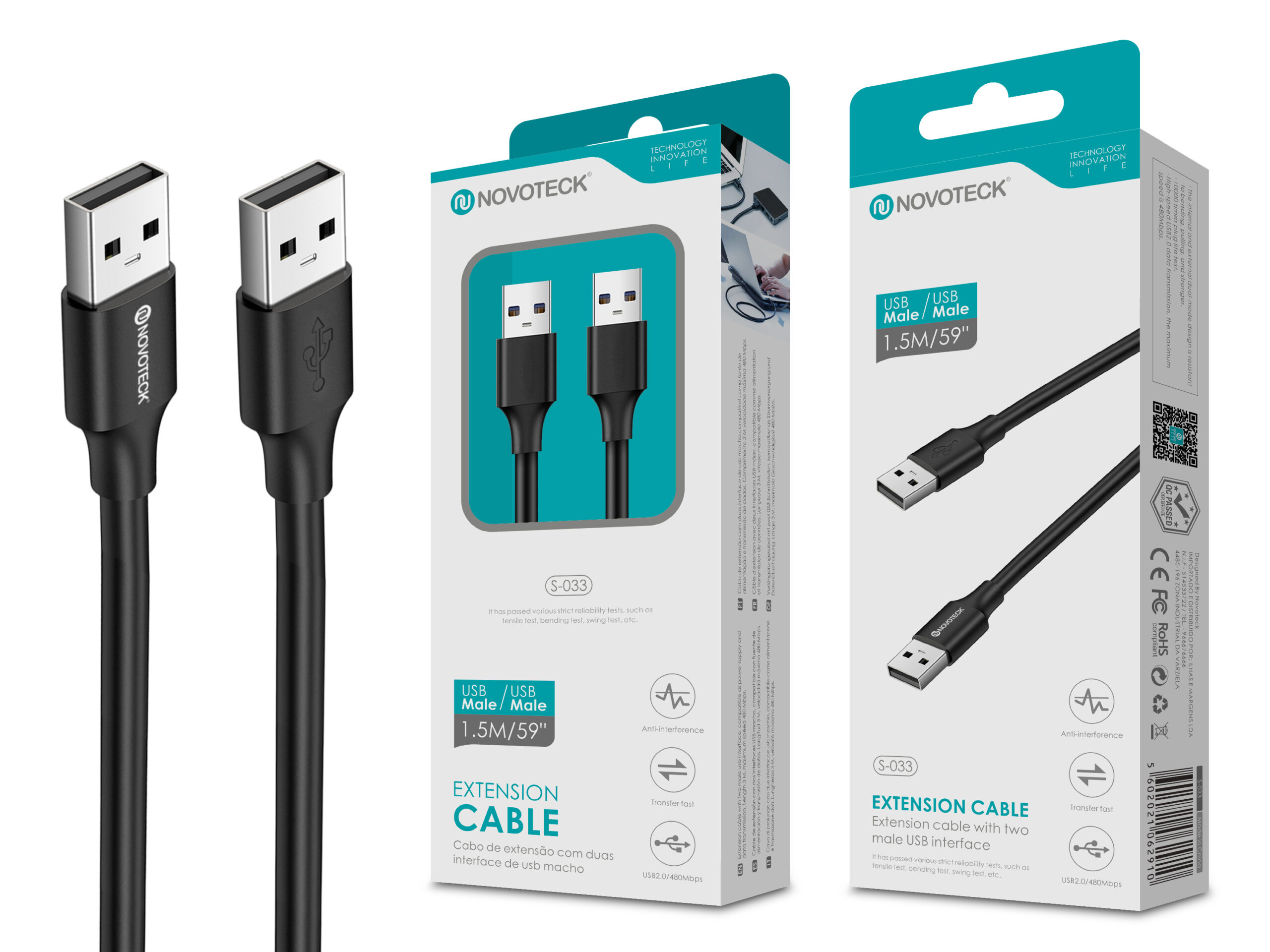 Dos cables de extensión USB Novoteck negros con conectores macho.