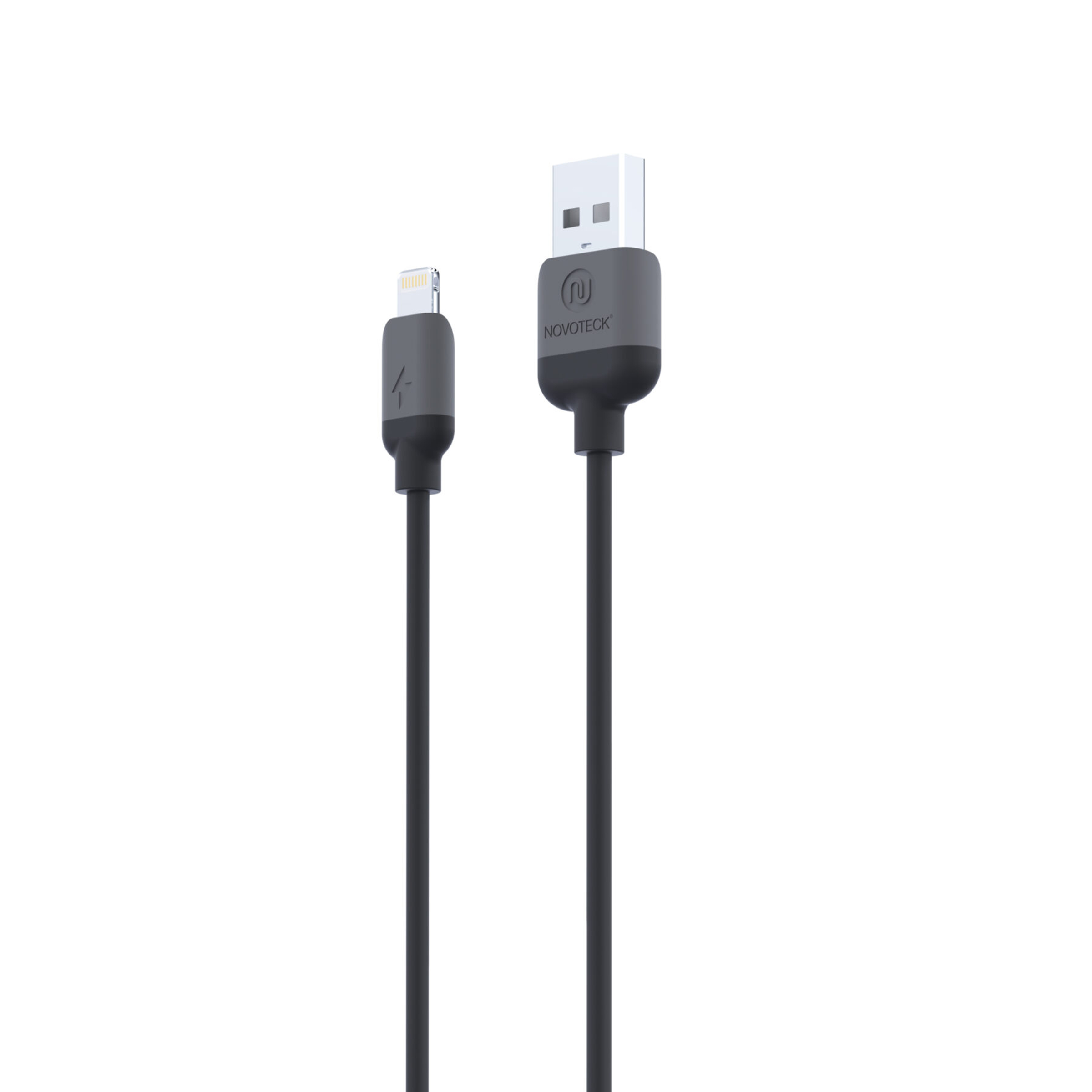 Un cavo di ricarica grigio con connettori USB-A e Lightning.
