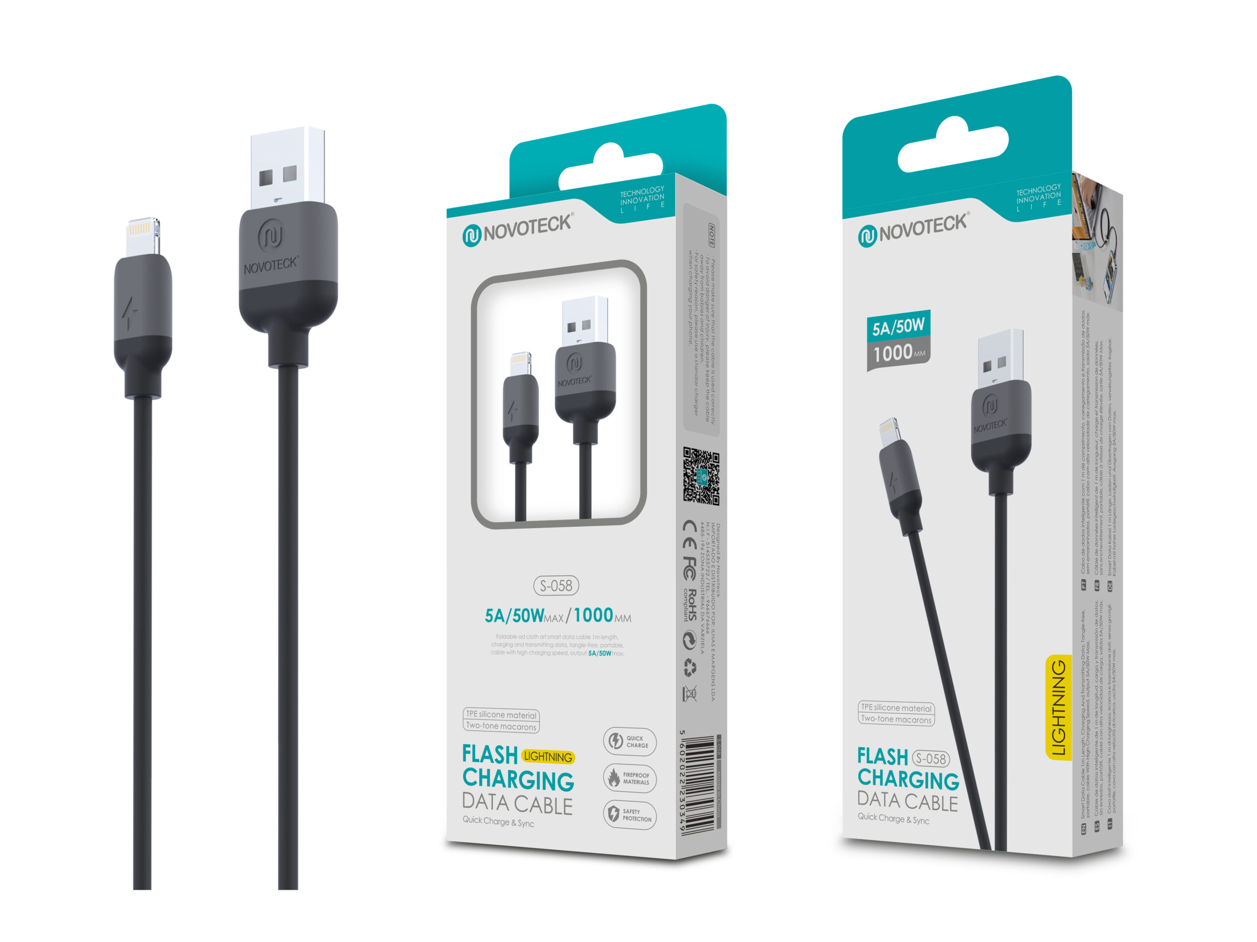 Cavo USB-C grigio con connettore Lightning, confezionato e singolo.