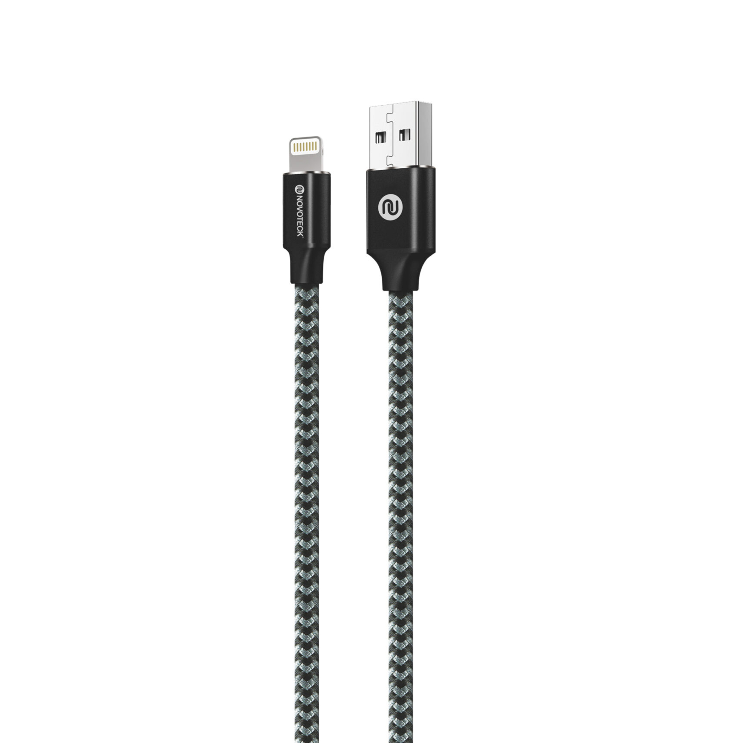 Un cavo USB-Lightning intrecciato grigio e nero con connettori.