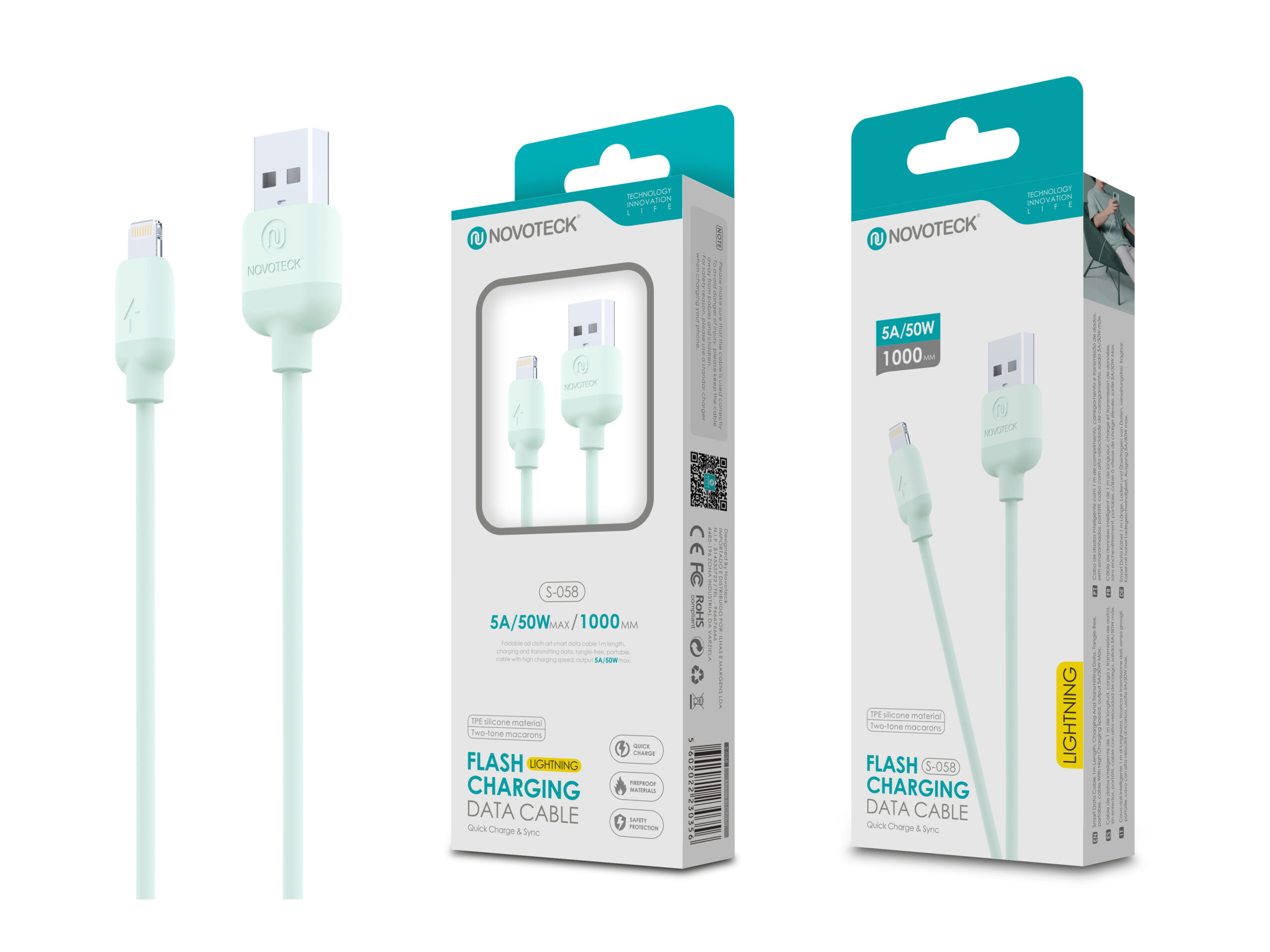 Un cavo USB-C a Lightning verde chiaro con confezione, 5A/50W.