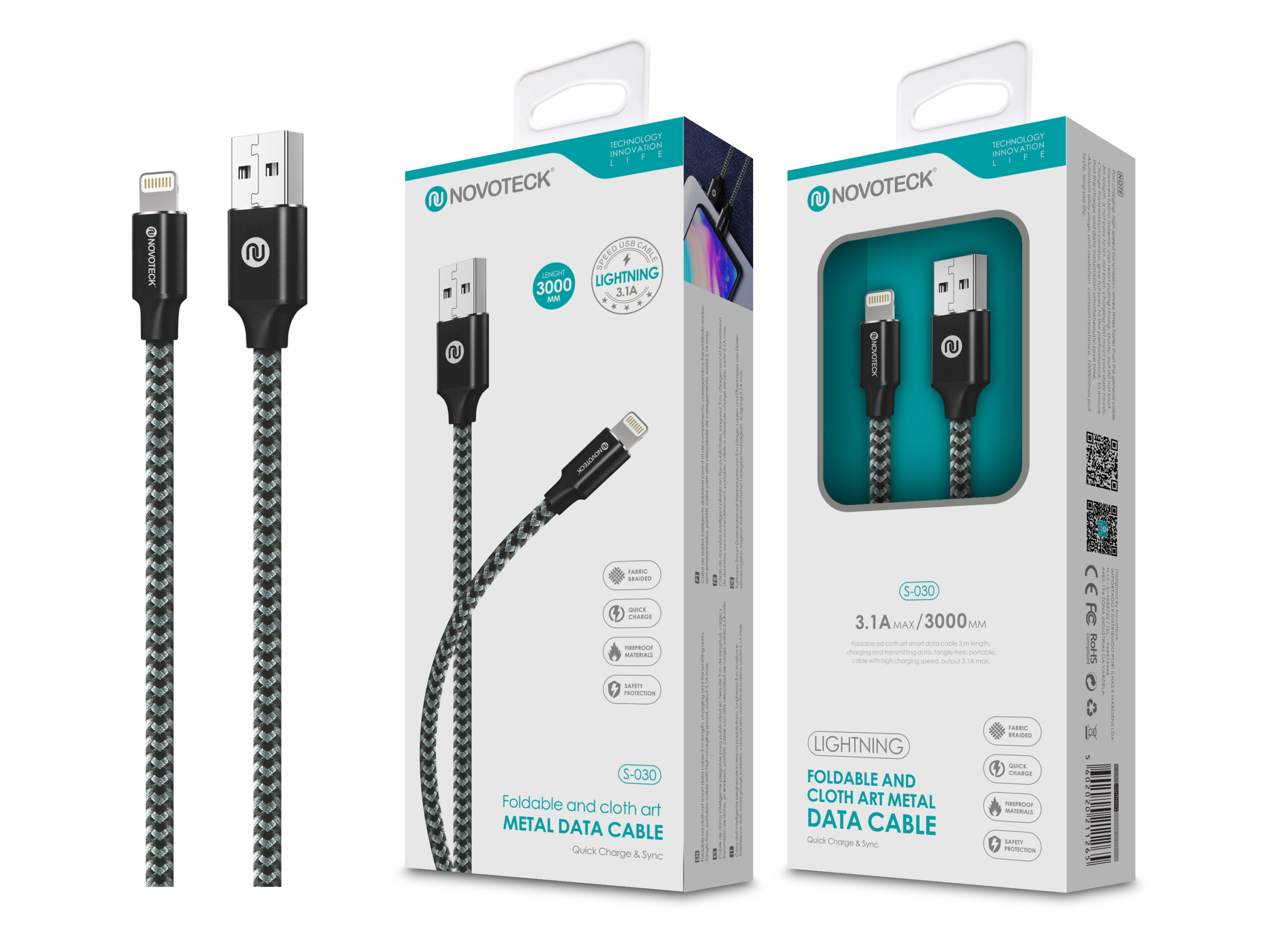 Cavo Novoteck Lightning: 3m, tessuto, metallo, ricarica rapida, dati.