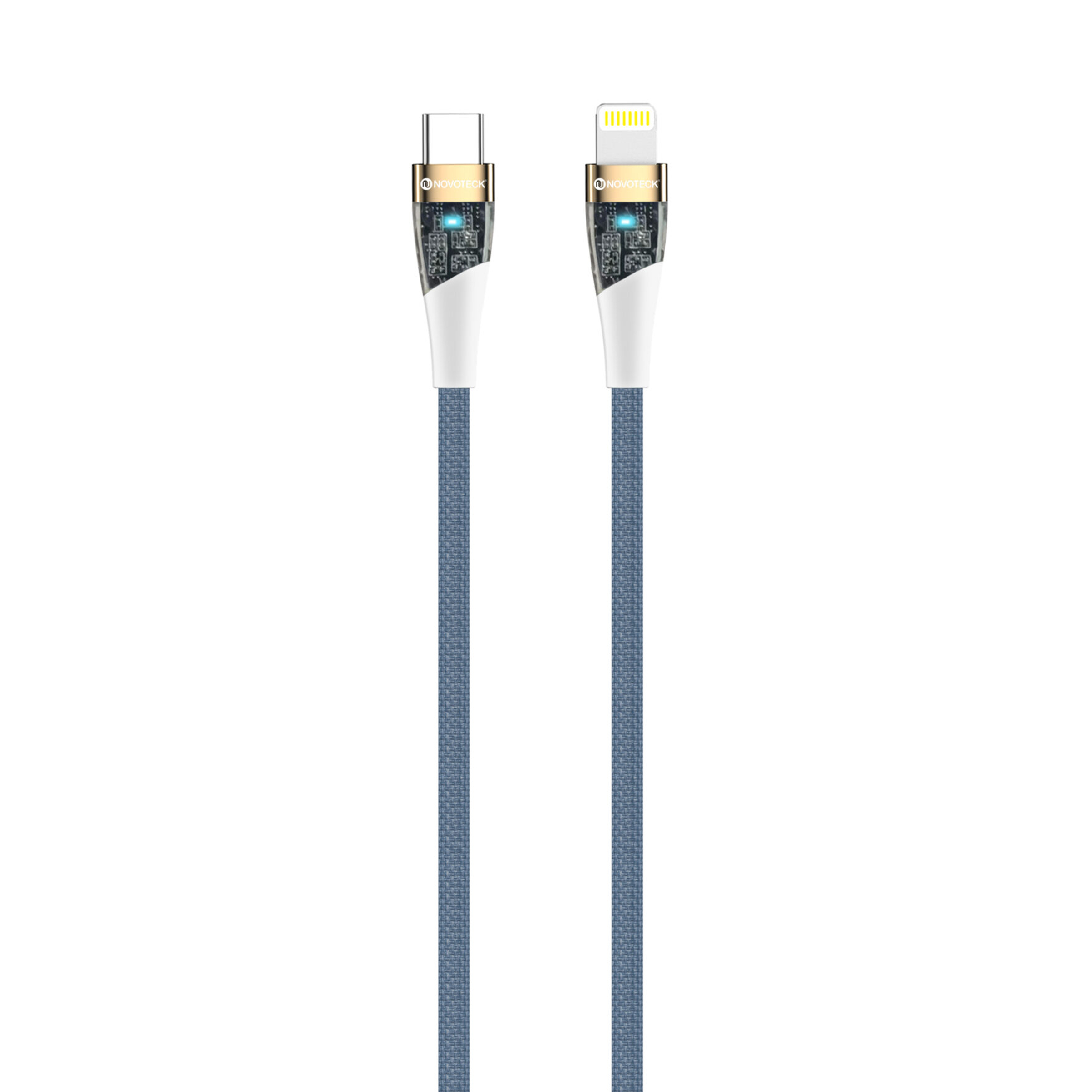 Due cavi di ricarica, connettori USB-C e Lightning, cavo in tessuto blu.