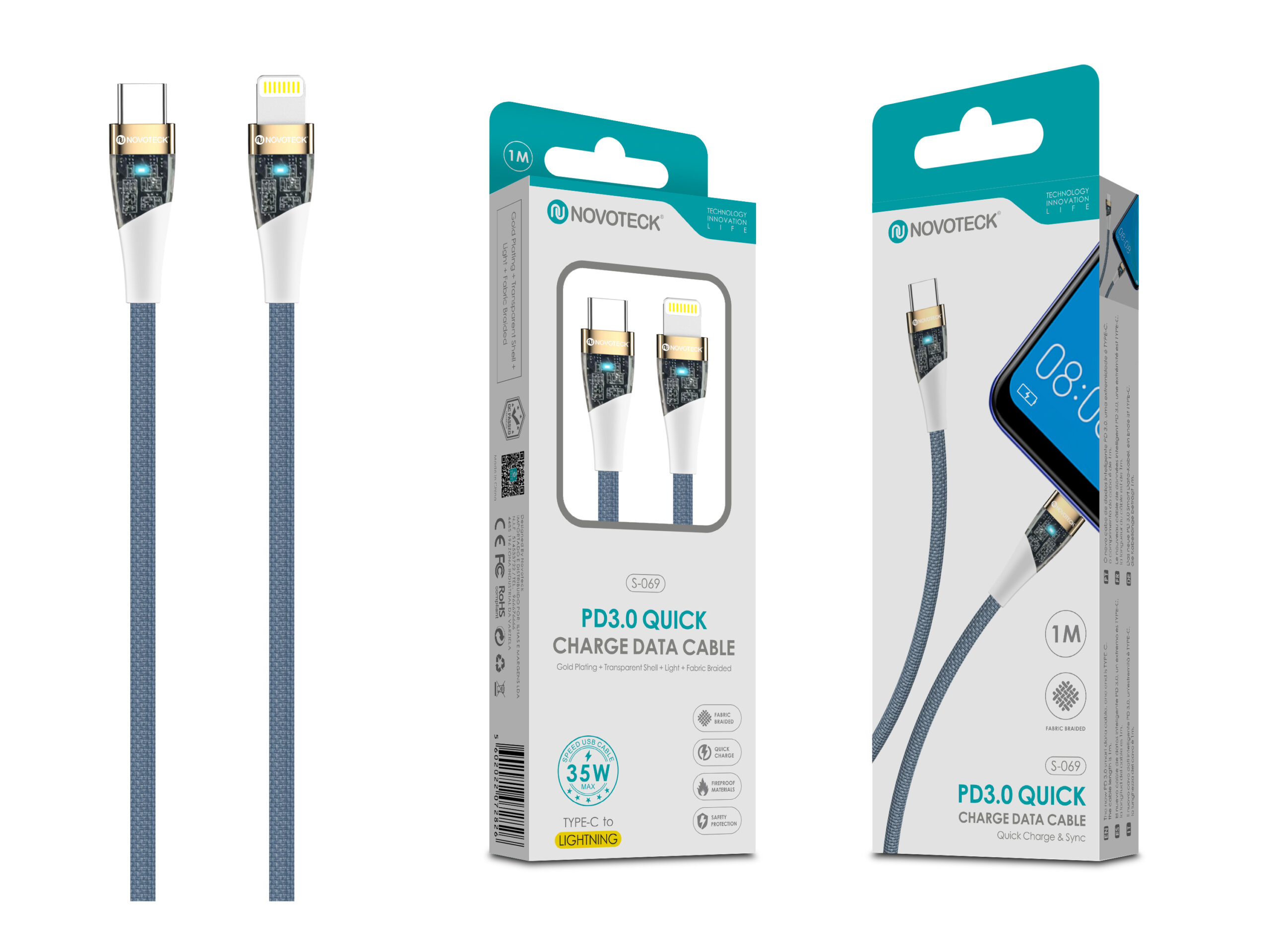 Cavo di ricarica Novoteck PD 3.0 con connettori USB-C e Lightning, 1m.