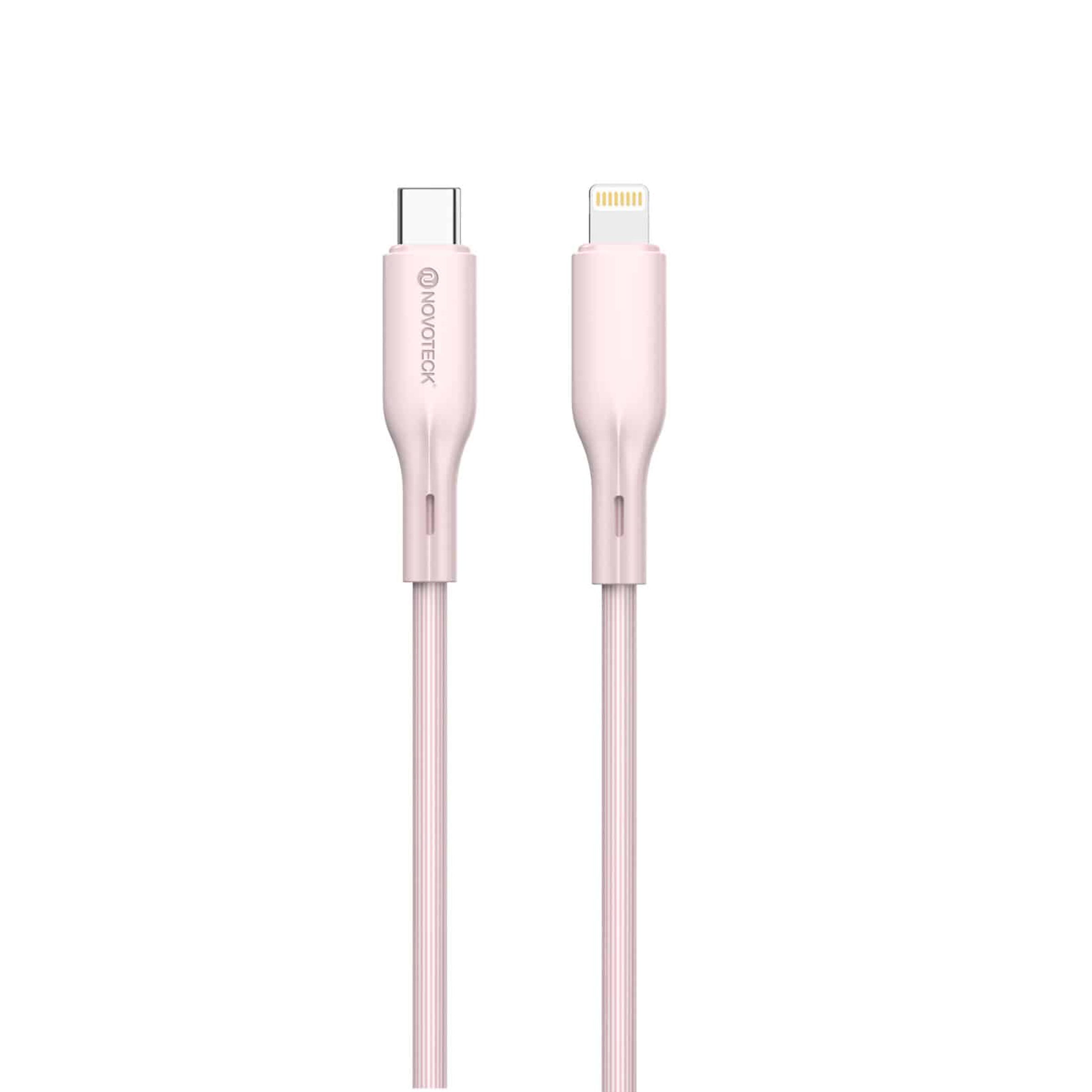 Due cavi di ricarica rosa, uno con USB-C, uno con connettore Lightning.