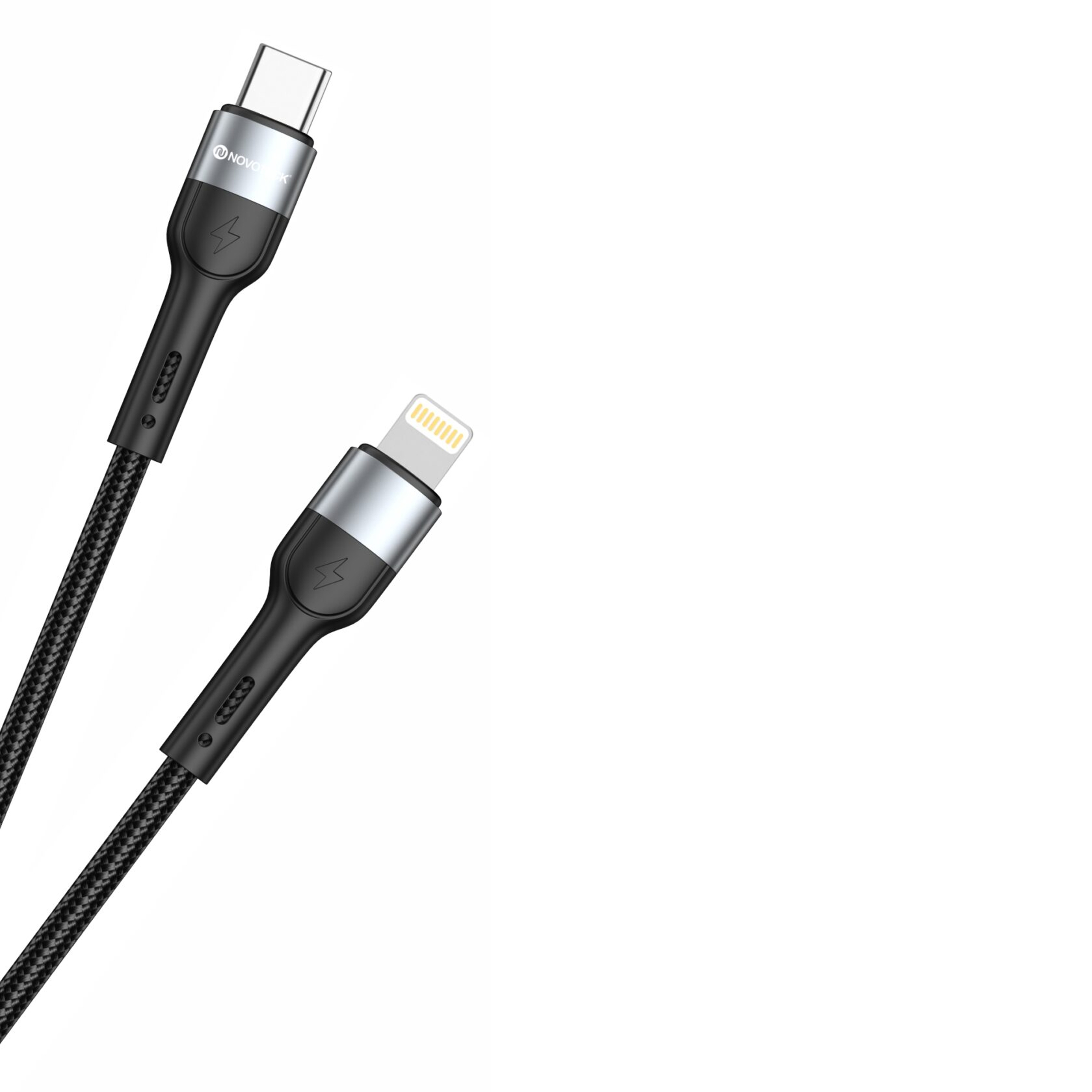 Un cavo USB-C e Lightning nero con connettori argentati.