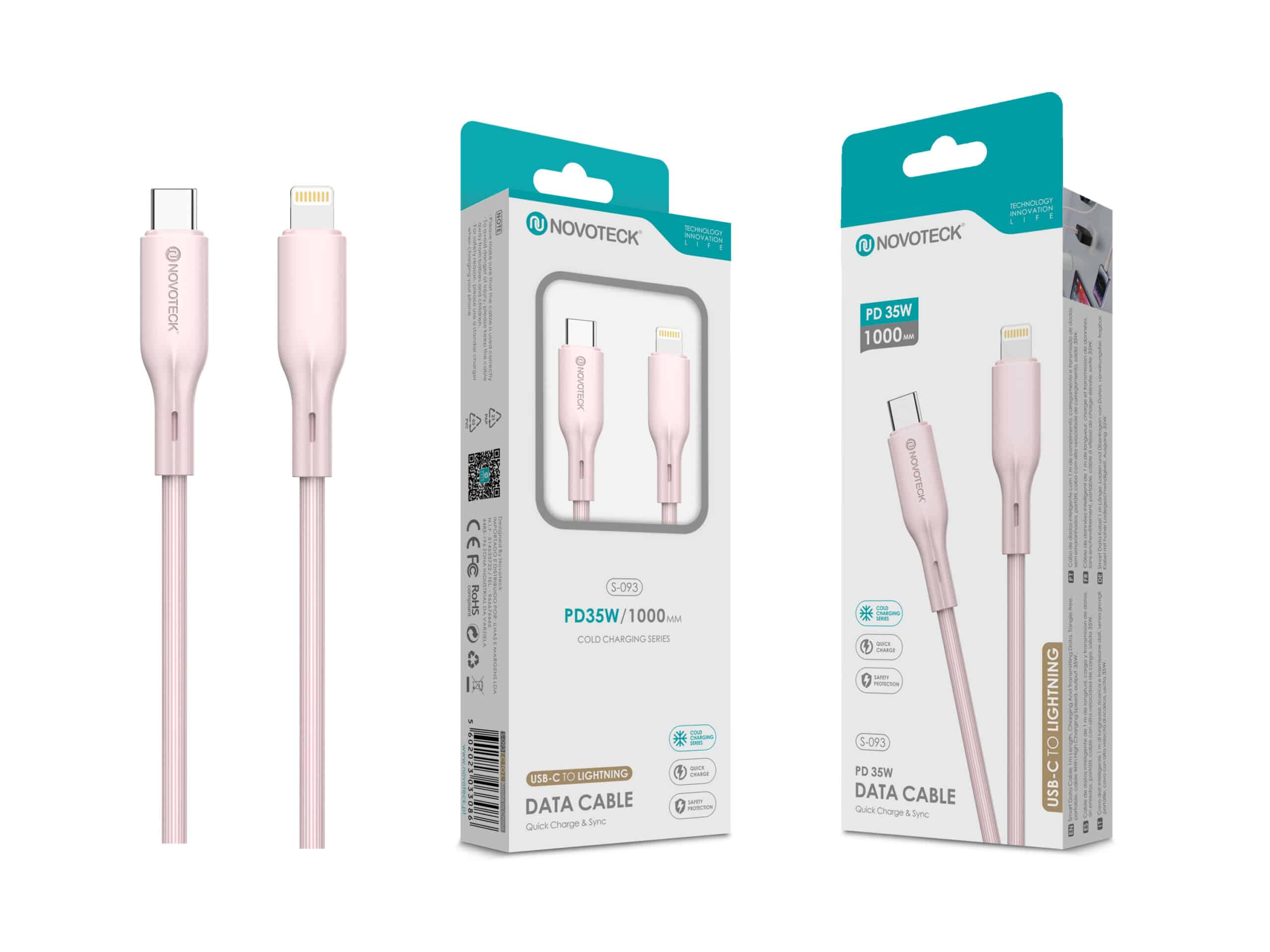 Un cavo rosa da USB-C a Lightning con confezione. PD 35W, 1000mm.