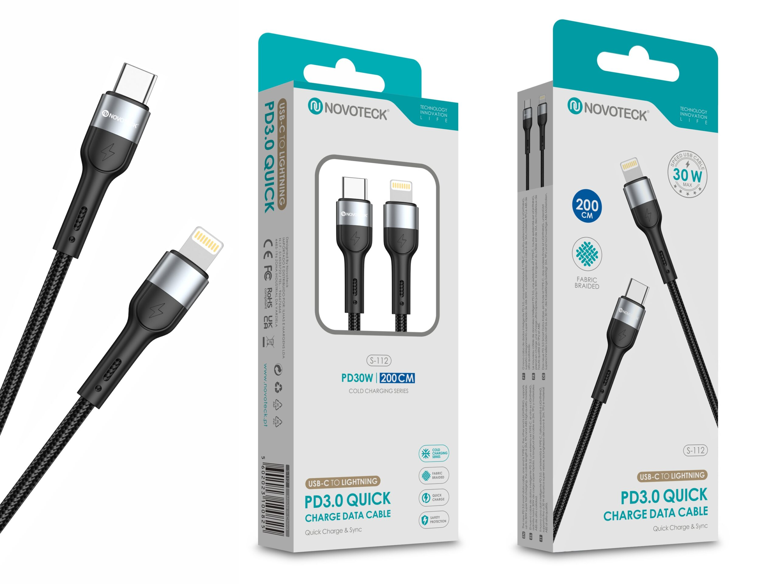 Cavo Novoteck USB-C a Lightning, 2m, PD 30W, intrecciato in tessuto, ricarica rapida.