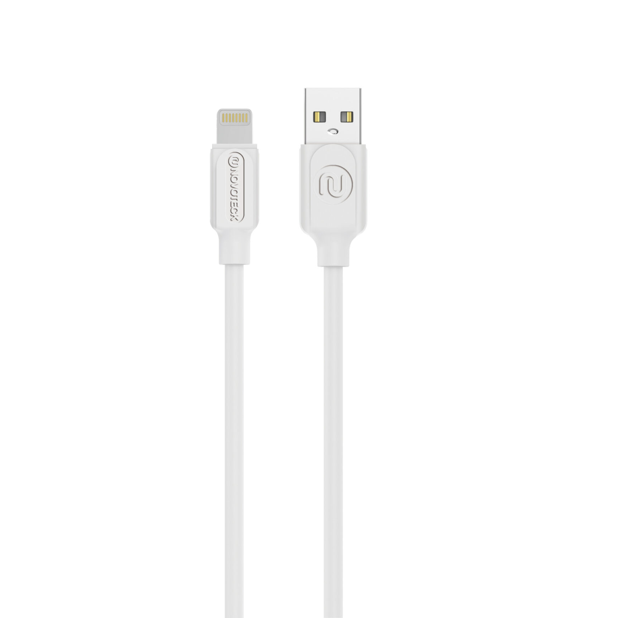 Un cavo USB-C bianco con connettori Lightning e USB-A.