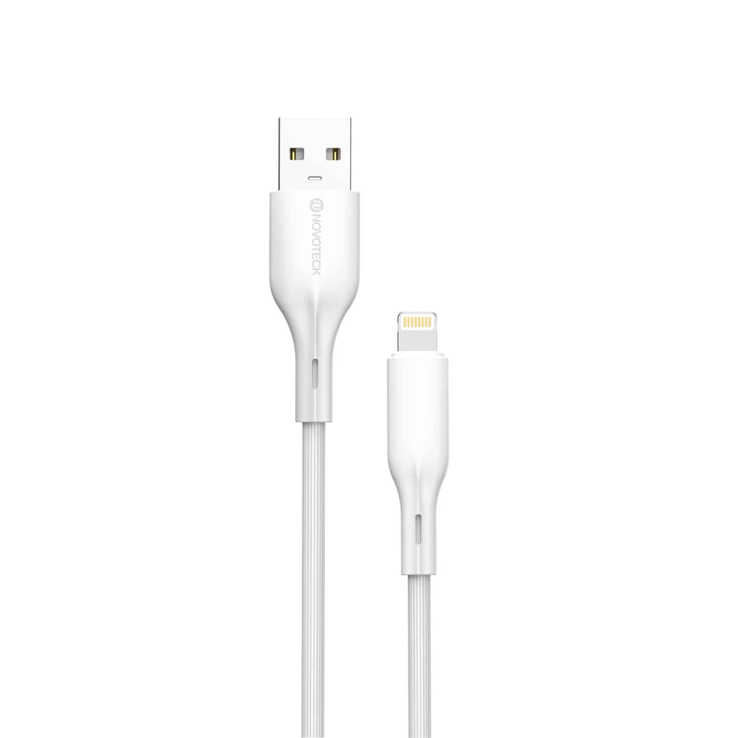 Un cavo da USB a Lightning bianco con entrambi i connettori visibili.