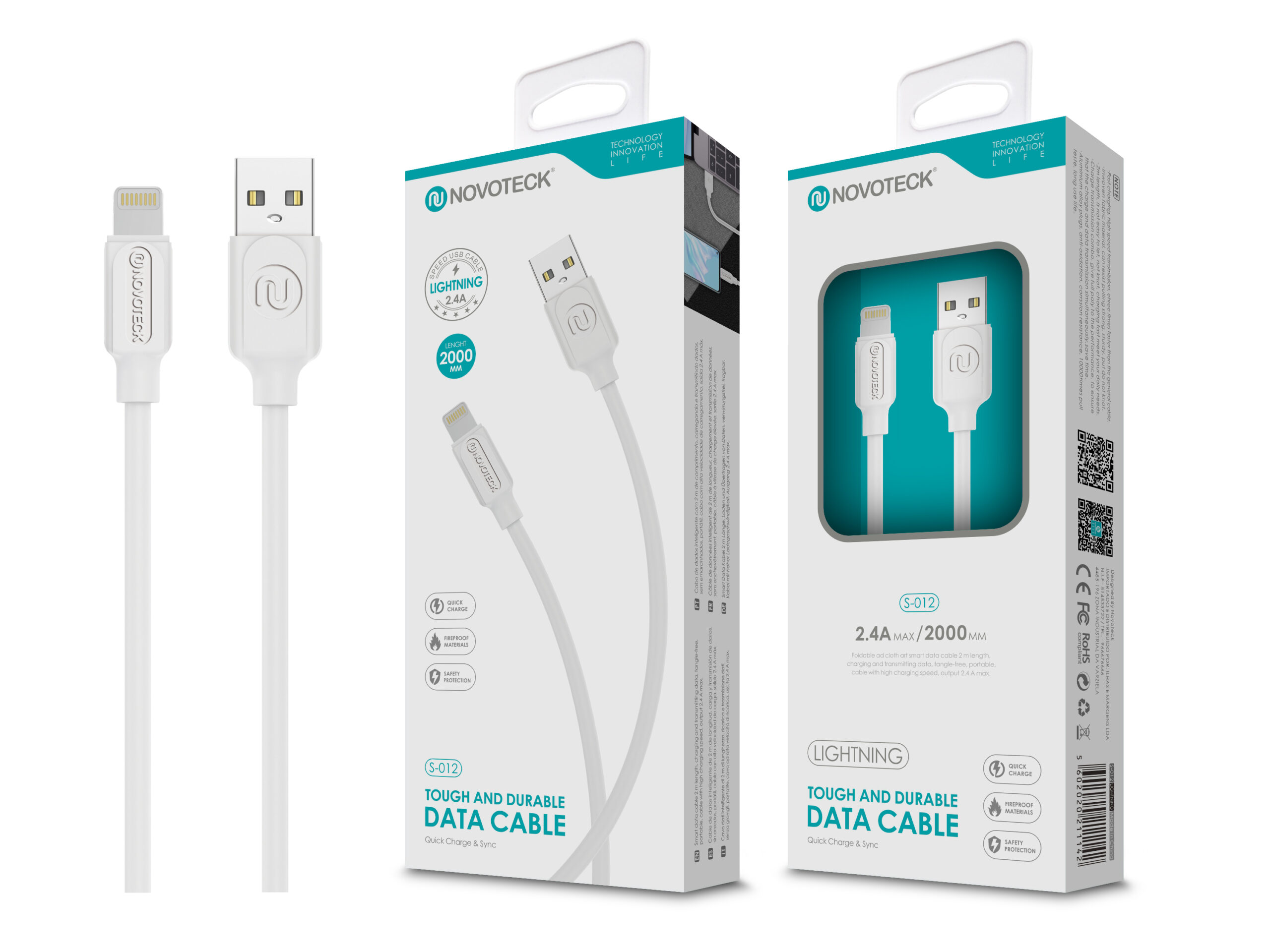 Un cavo dati Lightning bianco Novoteck con connettore USB-A, lungo 2m.