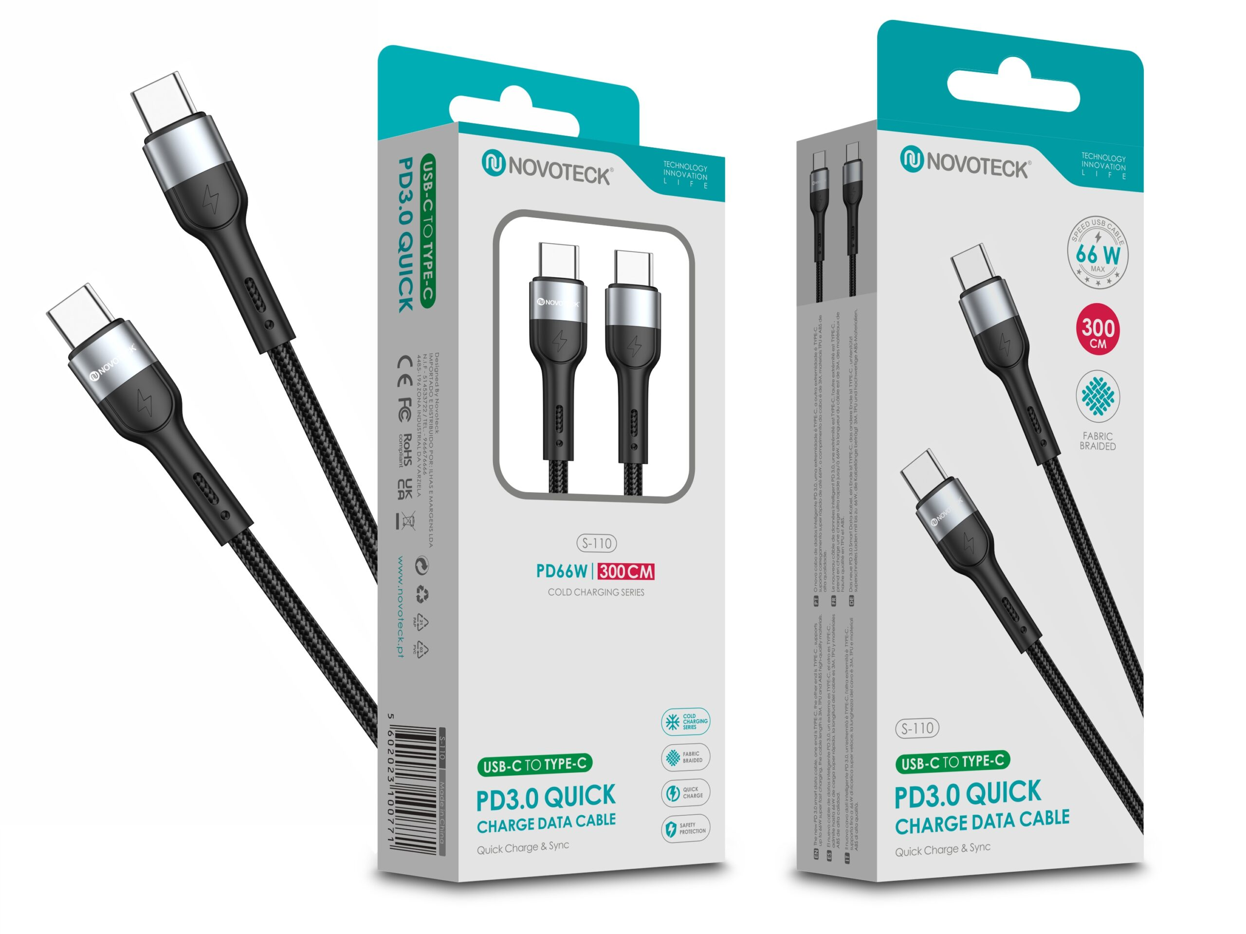 Cable Novoteck PD 3.0 USB-C a USB-C, 66W, 300cm, trenzado tela.