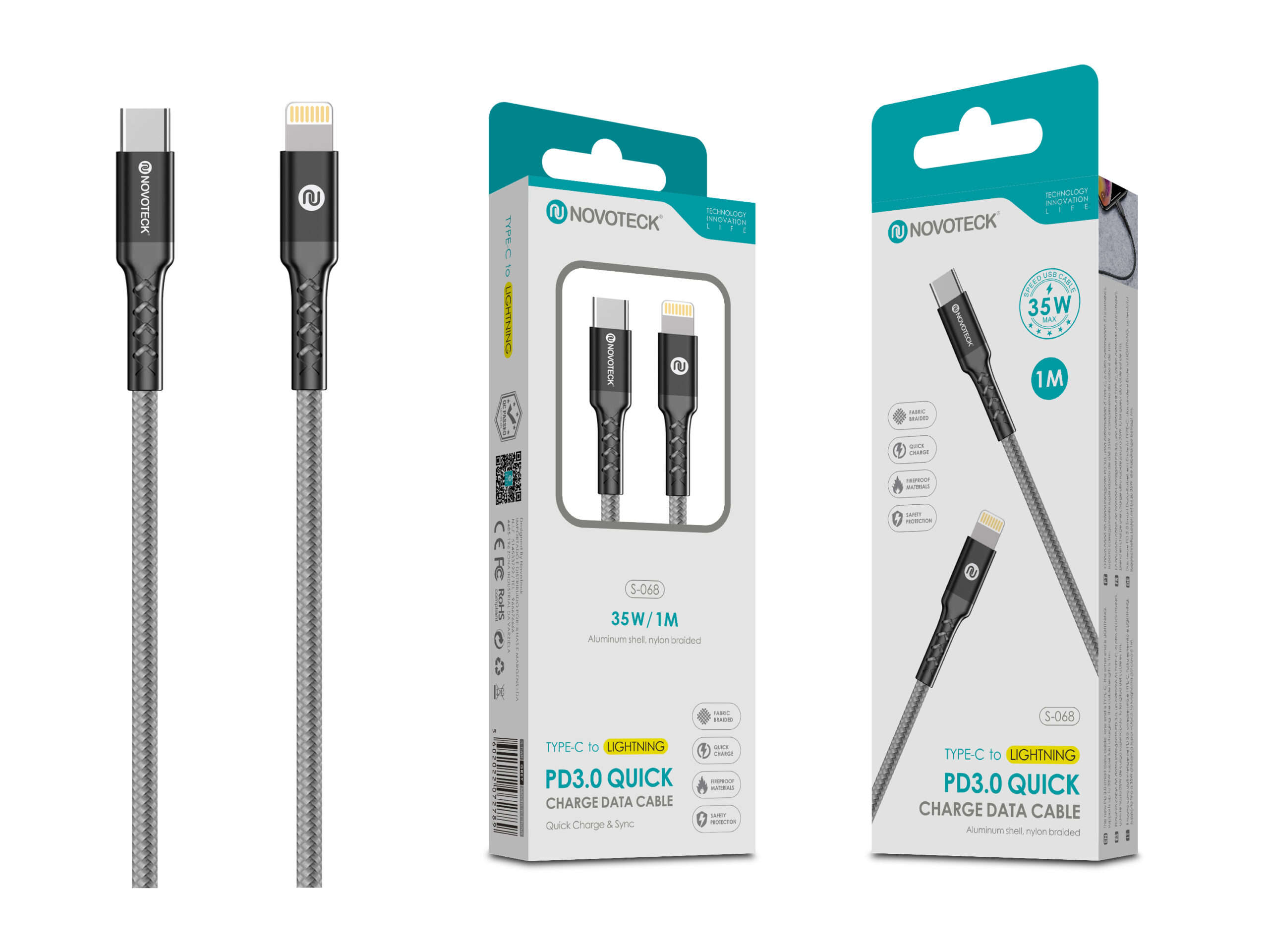 Cavo Noveteck grigio, da Type-C a Lightning, 35W, 1M.