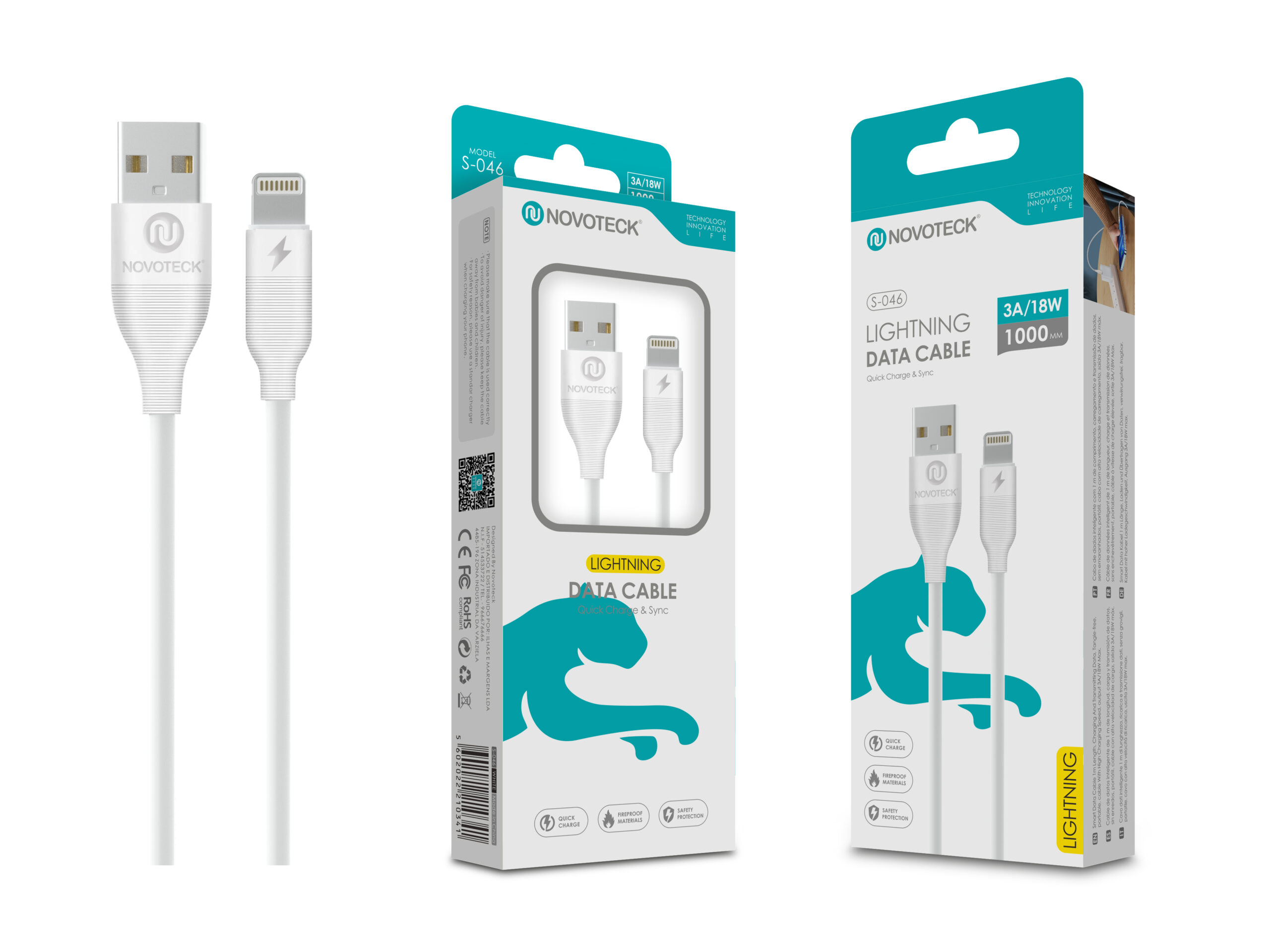 Cavi dati Lightning Novoteck bianchi con connettore USB-A sulla confezione.