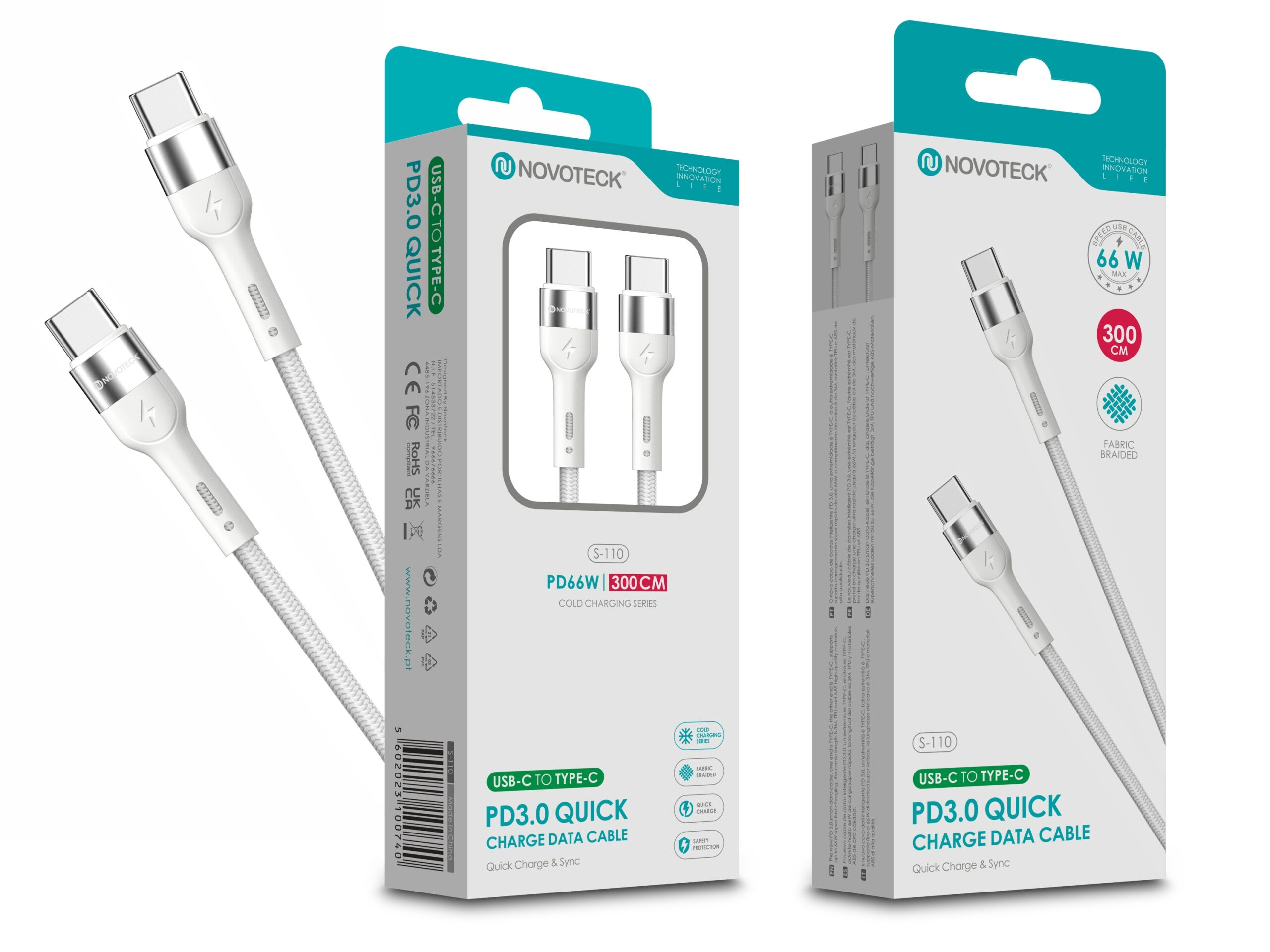 Cable USB-C NOVOTECK: 66W, 300cm, trenzado tela, carga rápida PD3.0.