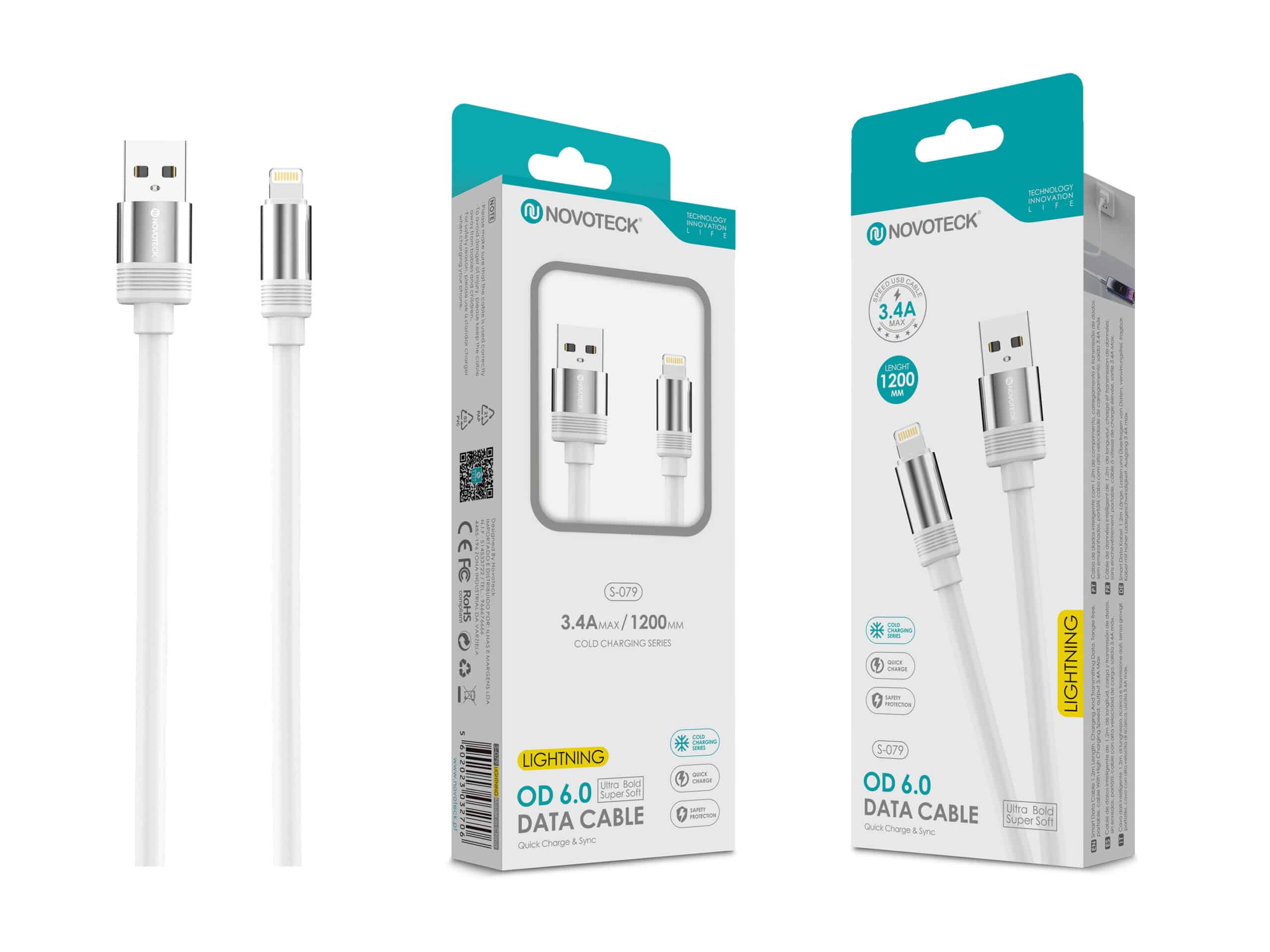 Cavo Lightning Novoteck bianco con connettori USB e Lightning, 1,2m.