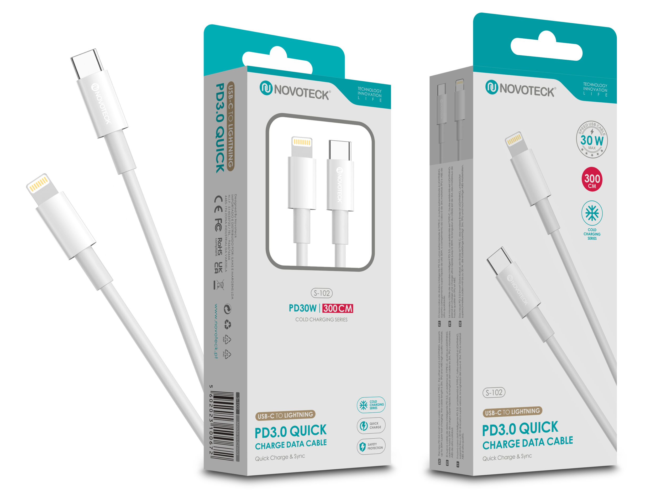 Cavi bianchi da USB-C a Lightning su confezione con logo Novoteck.