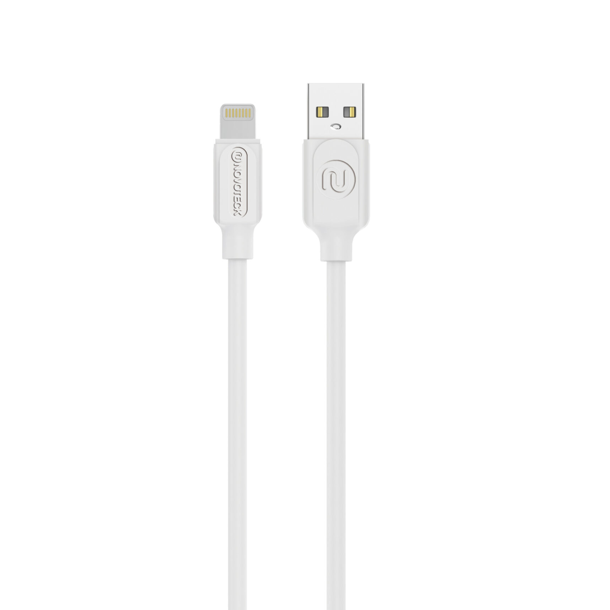 Un cavo USB-C bianco con connettore Lightning e connettore USB-A.