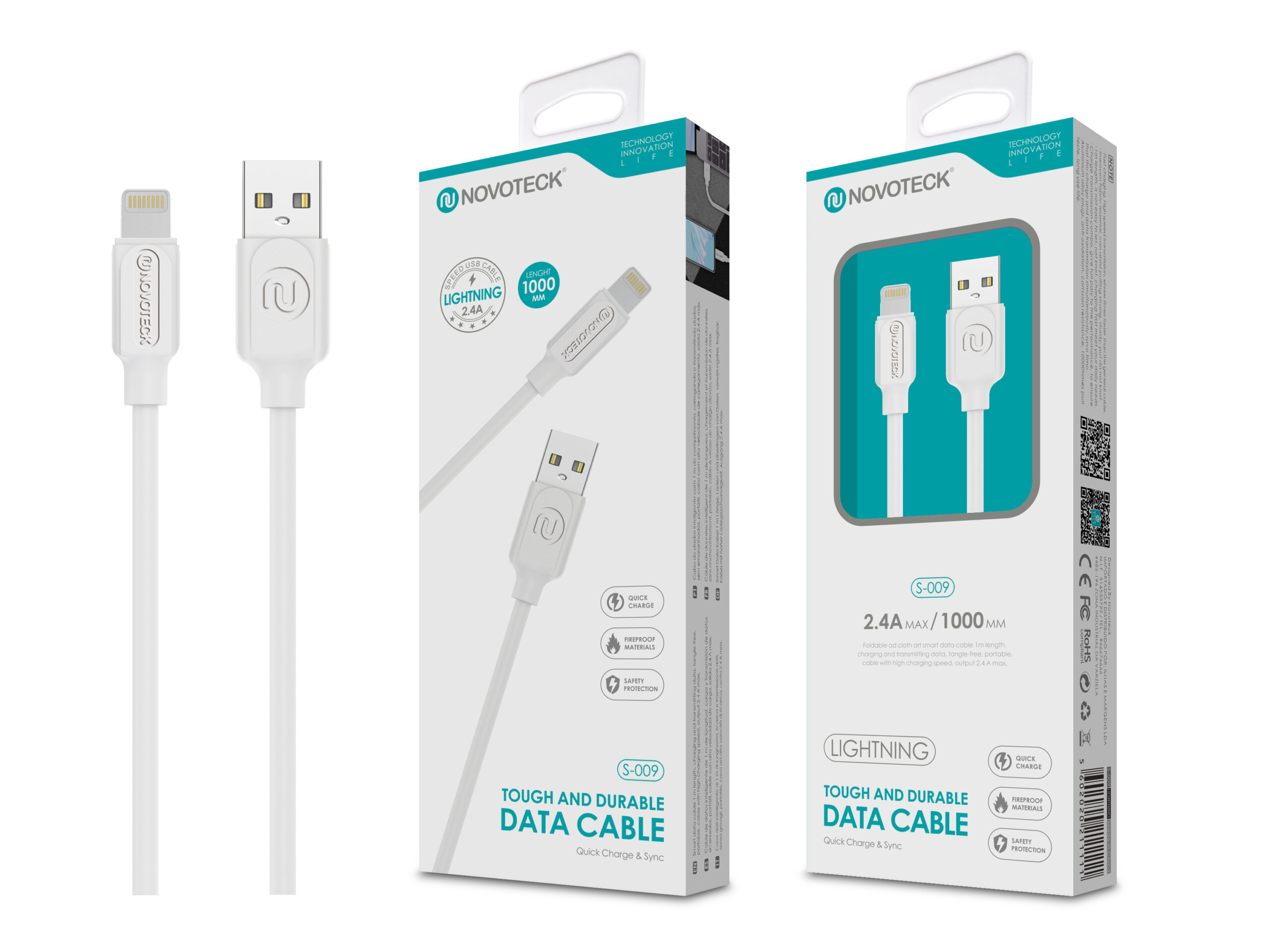 Due cavi Lightning Novoteck bianchi con spina USB-A sulla confezione.