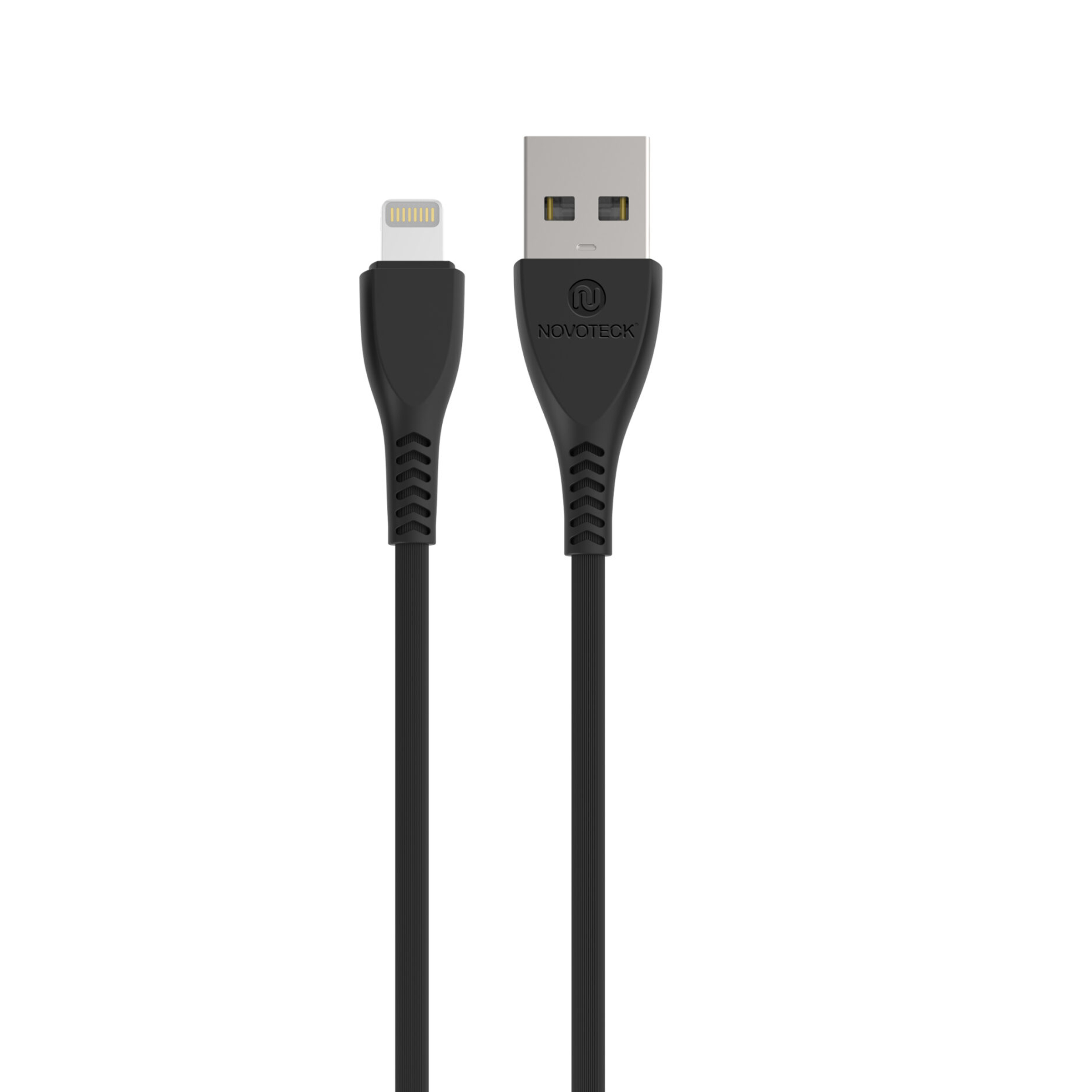 Cavo da USB a Lightning nero con connettore USB e Lightning argentati.