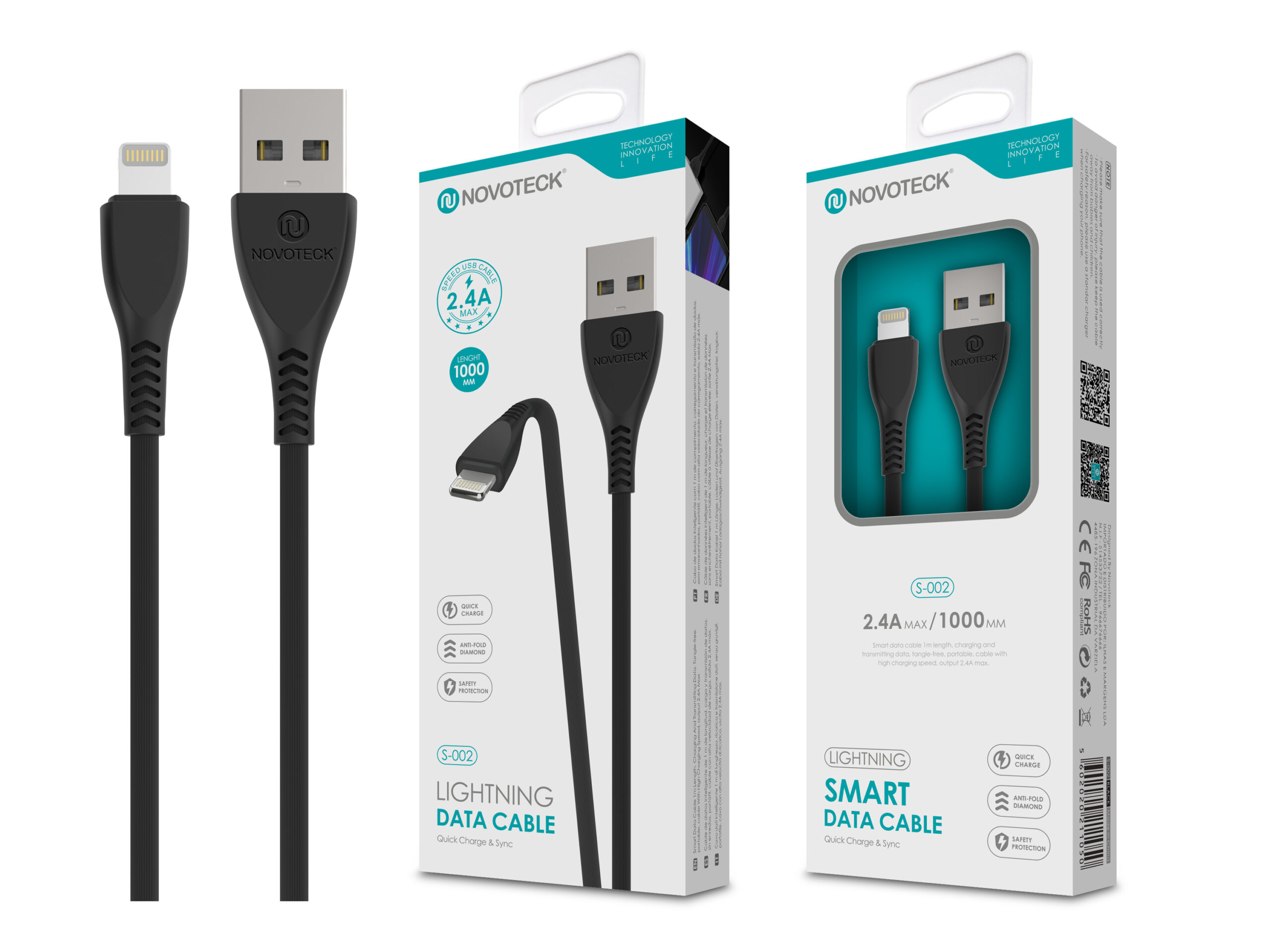 Cavo dati Lightning Novoteck nero 1m, ricarica rapida, anti-piega.