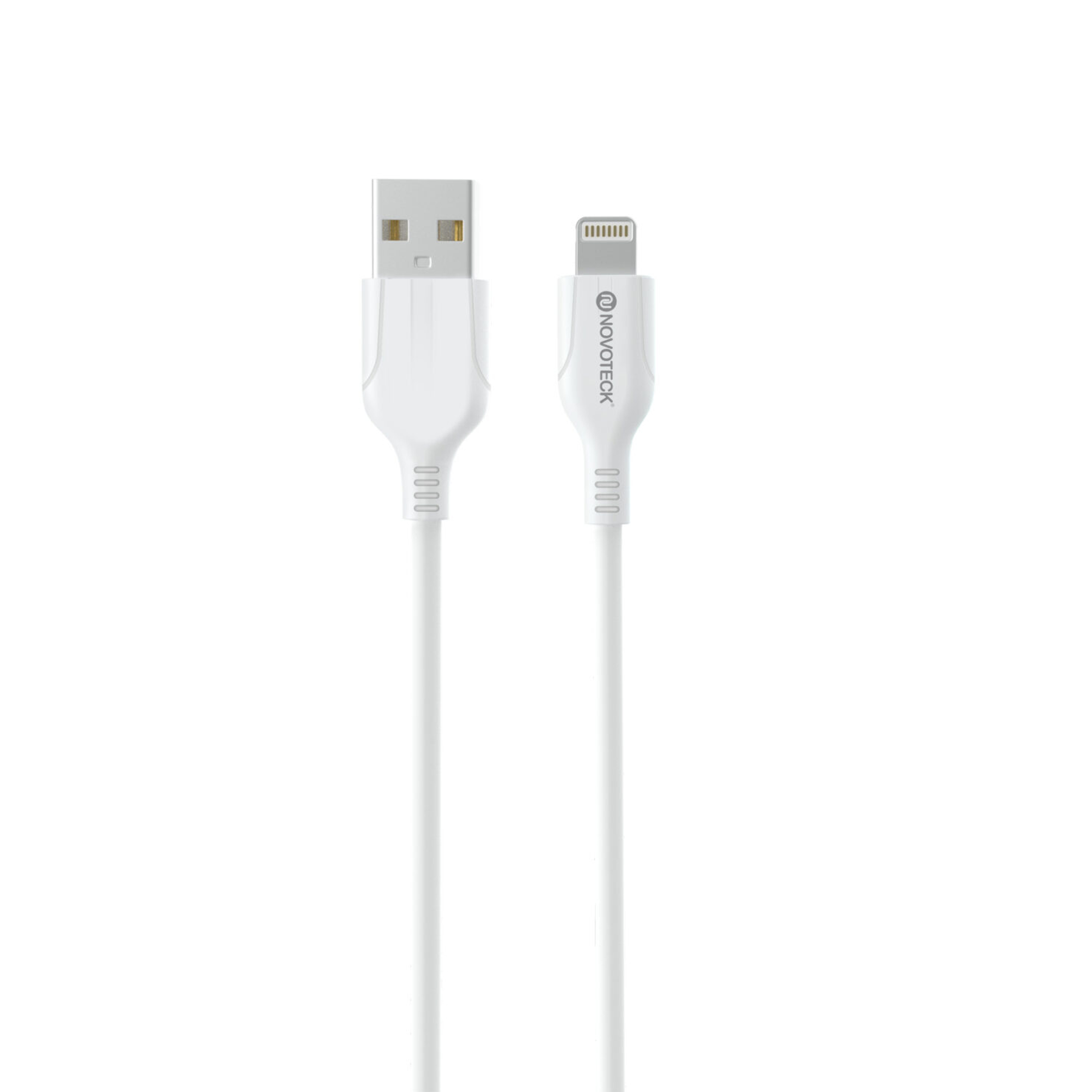 Un cavo bianco da USB a Lightning con entrambi i connettori visibili.
