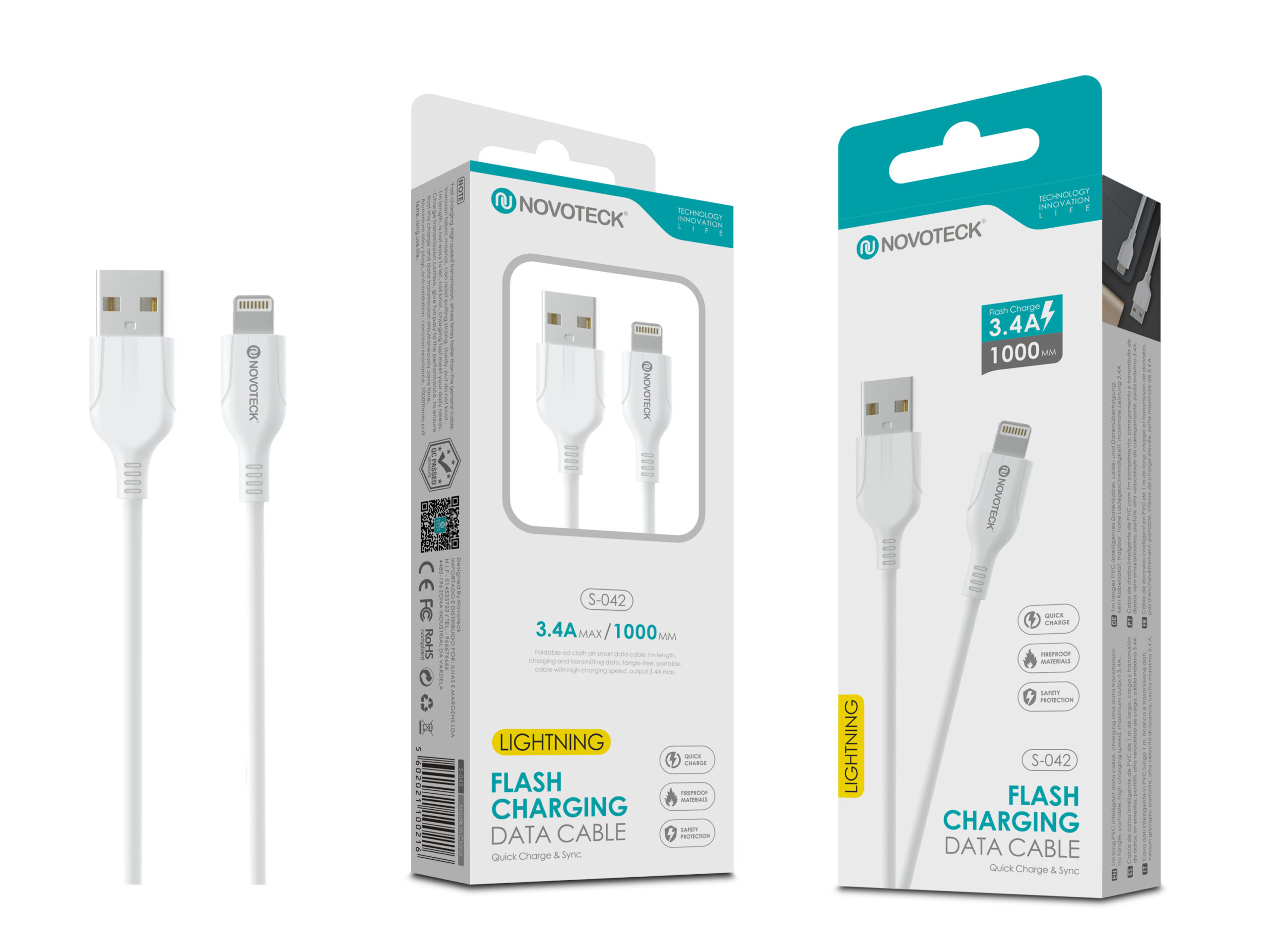 Cavi di ricarica Novoteck bianchi con connettori USB-A e Lightning sulla confezione.