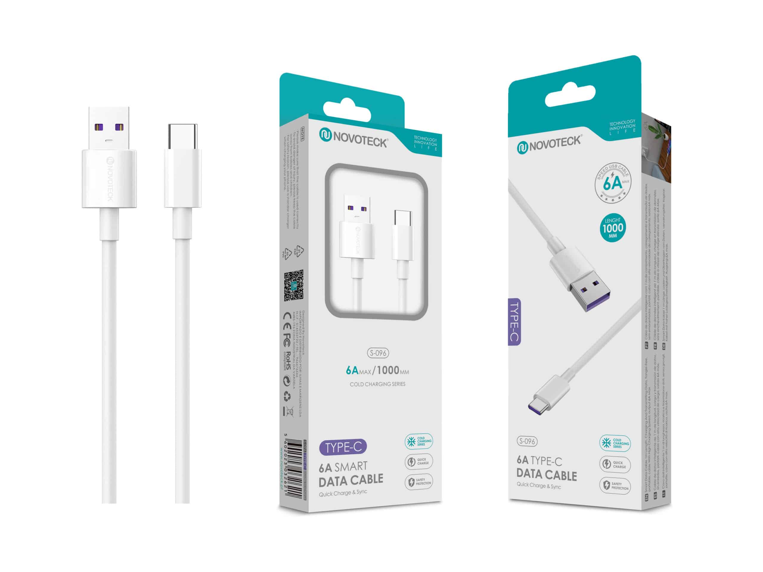 Un cavo USB-C bianco con due scatole di imballaggio accanto.