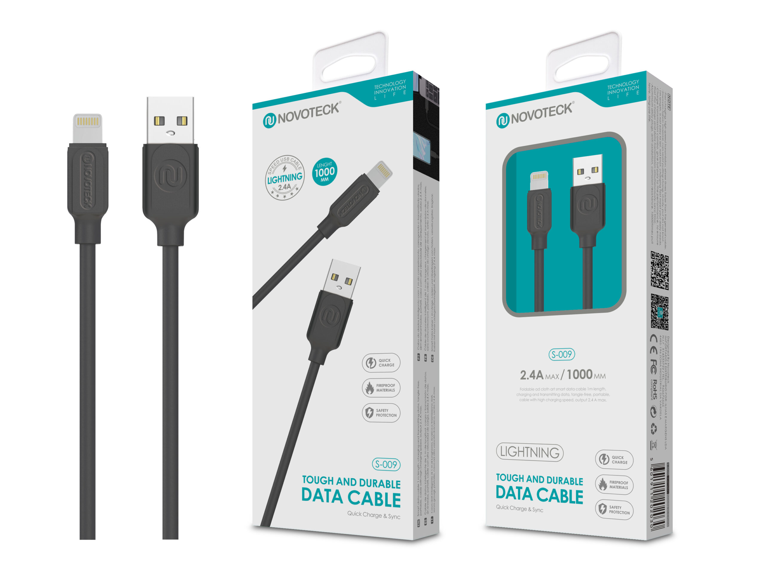 Un cavo nero da Lightning a USB, con una confezione aperta e una chiusa.