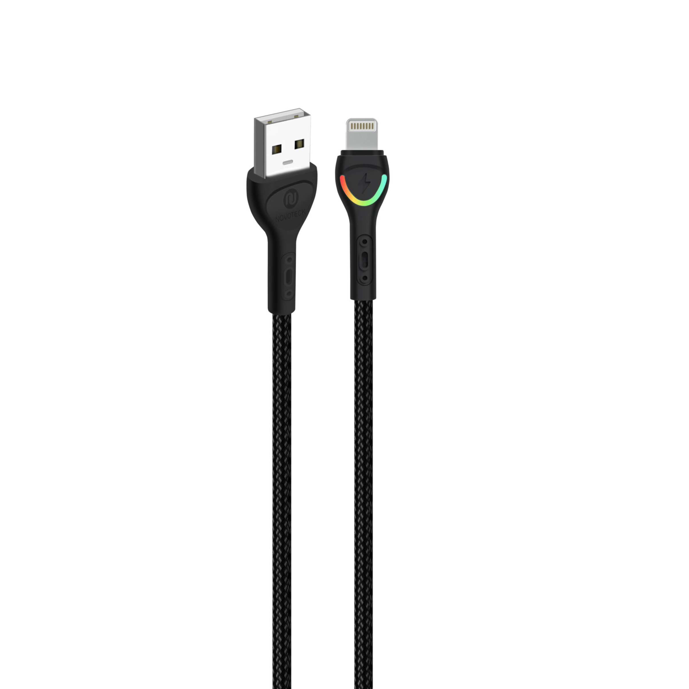 Un cavo USB a Lightning nero intrecciato con accenti LED colorati.