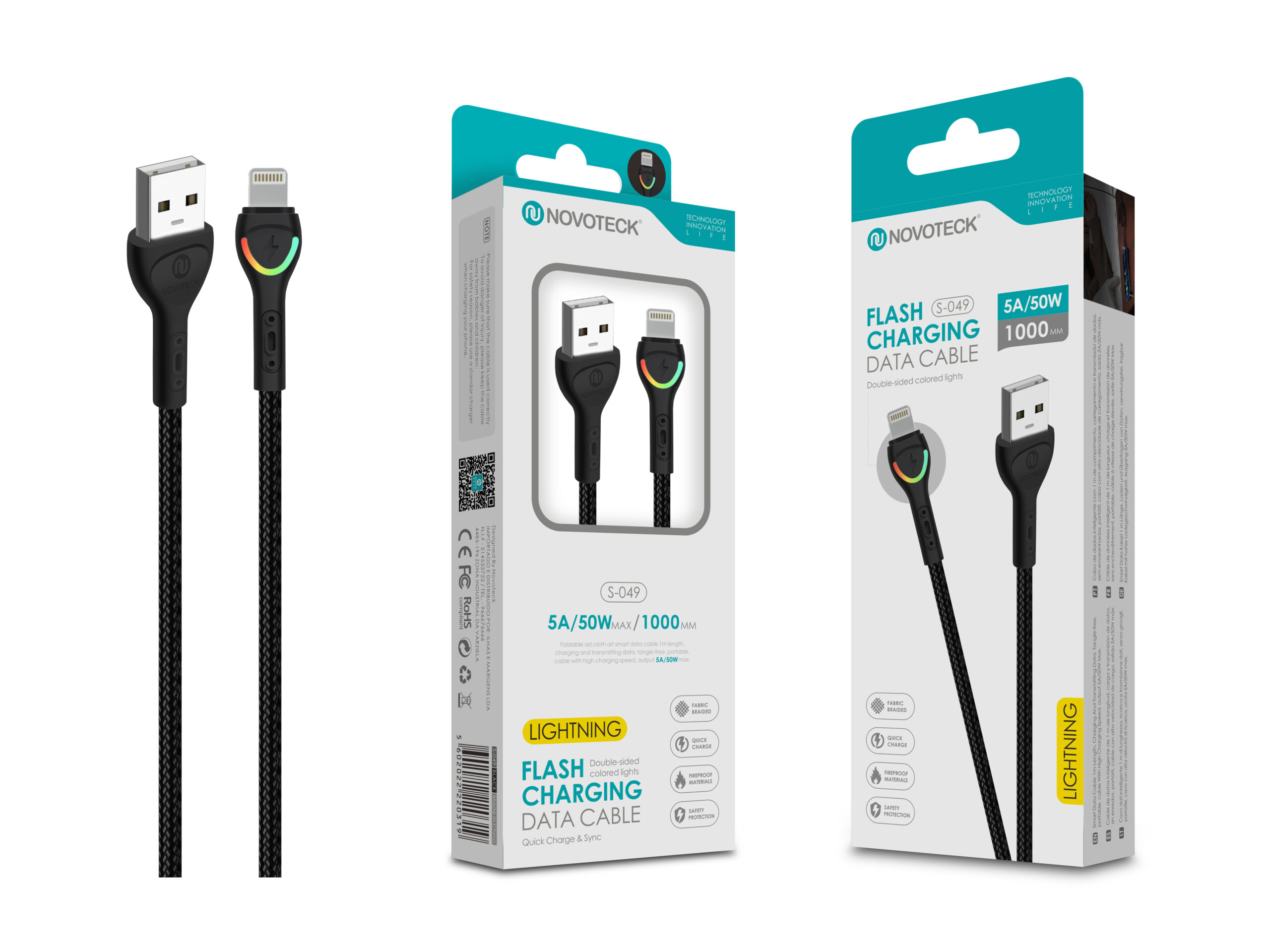 Cavo di ricarica Novoteck con connettore USB e Lightning, 5A/50W.