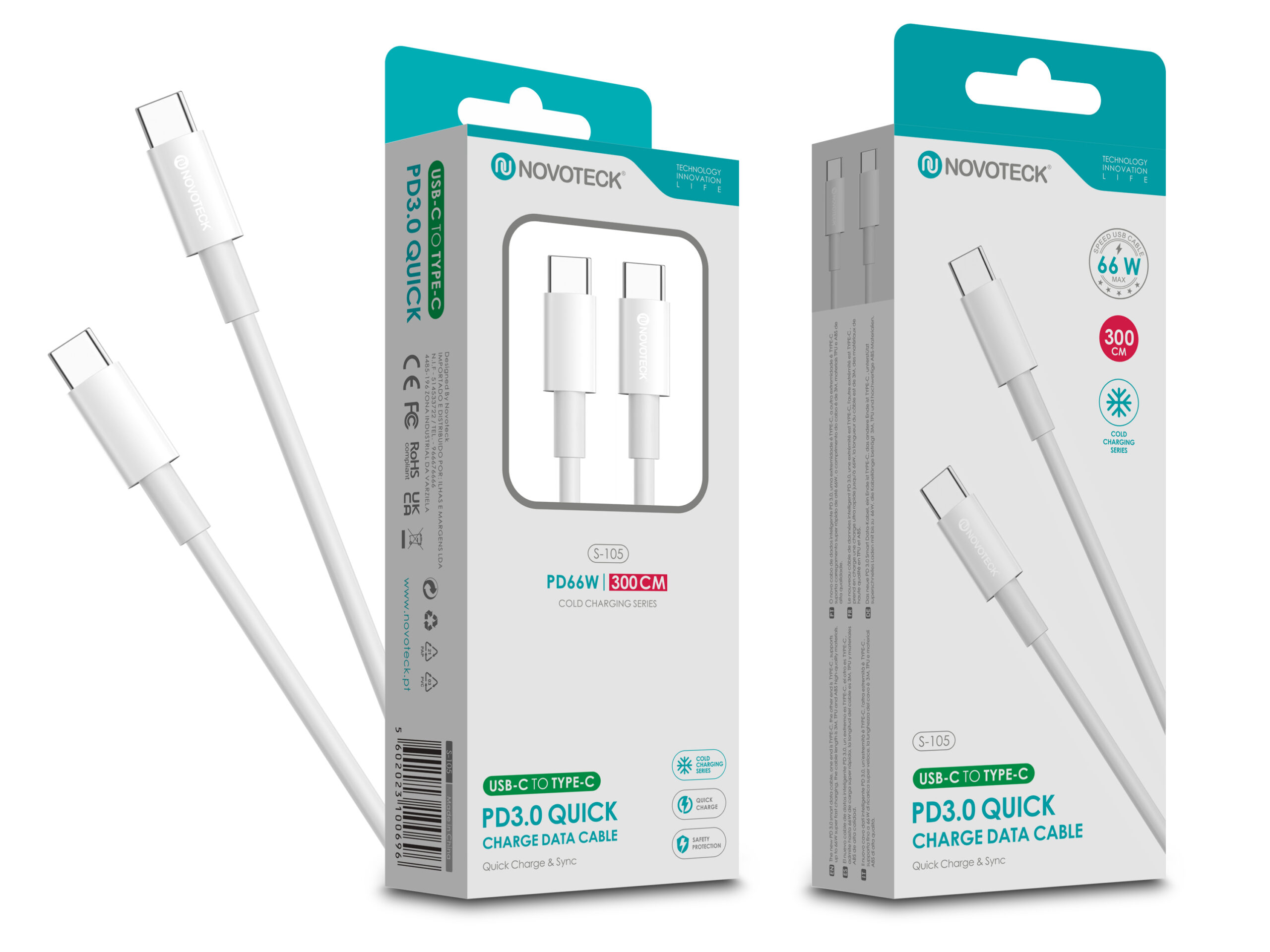Cables de carga blancos Novoteck PD 3.0 USB-C con 66W y 300cm de largo en embalaje.