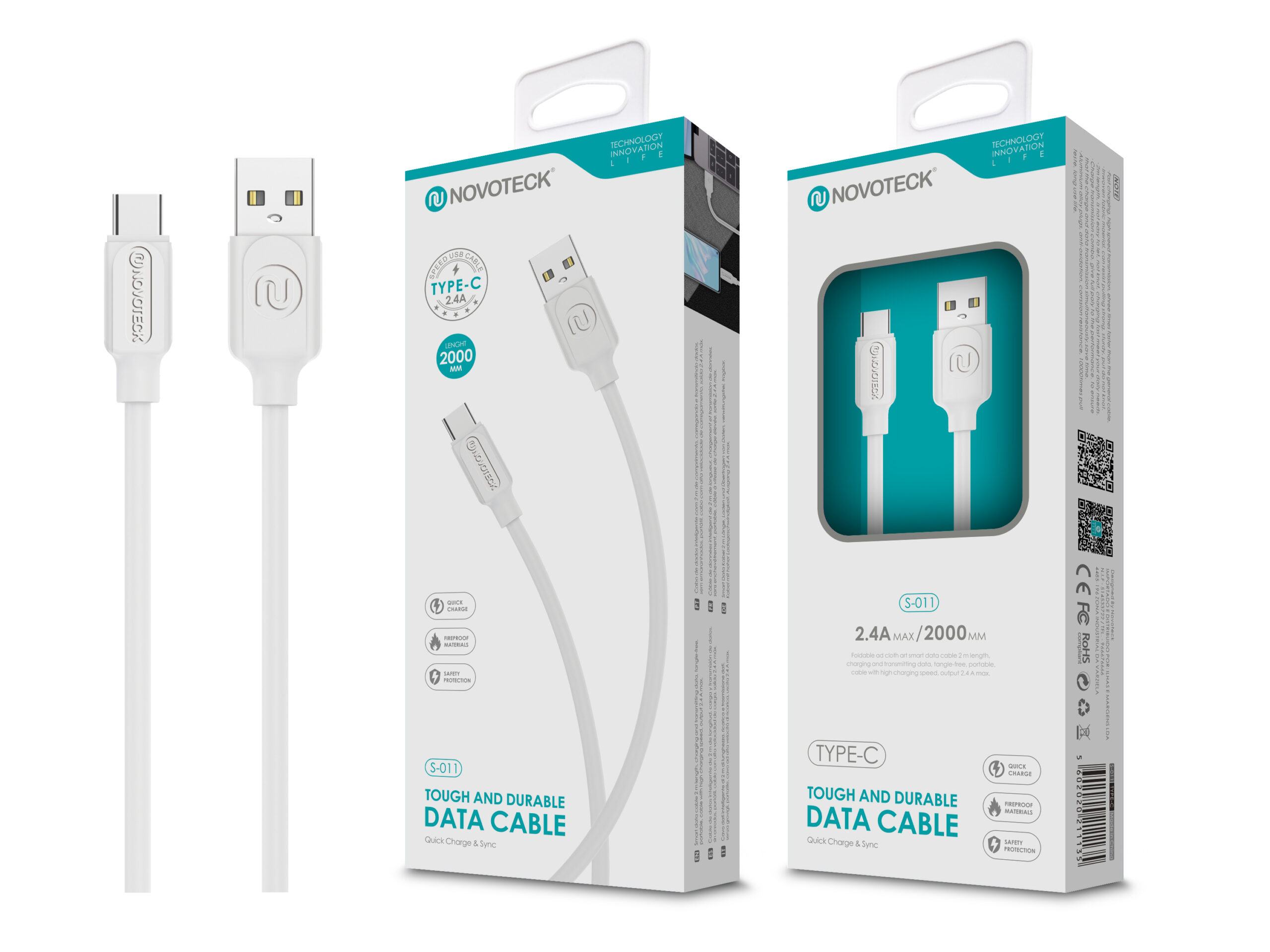 Cable de datos USB-C blanco con conector y embalaje. 2,4A, 2000mm.