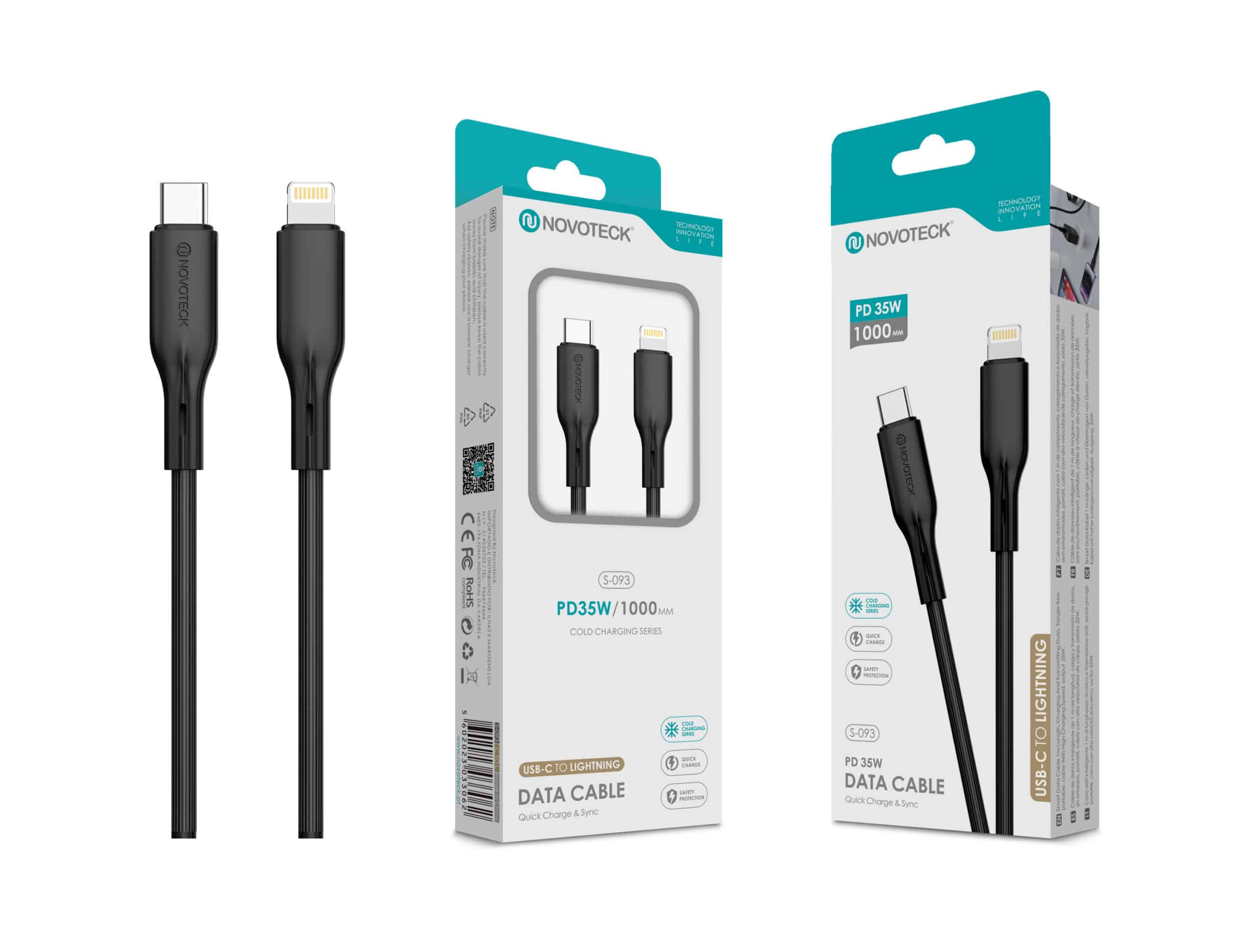 Due cavi di ricarica neri su confezione: da USB-C a Lightning, 35W, 1m.
