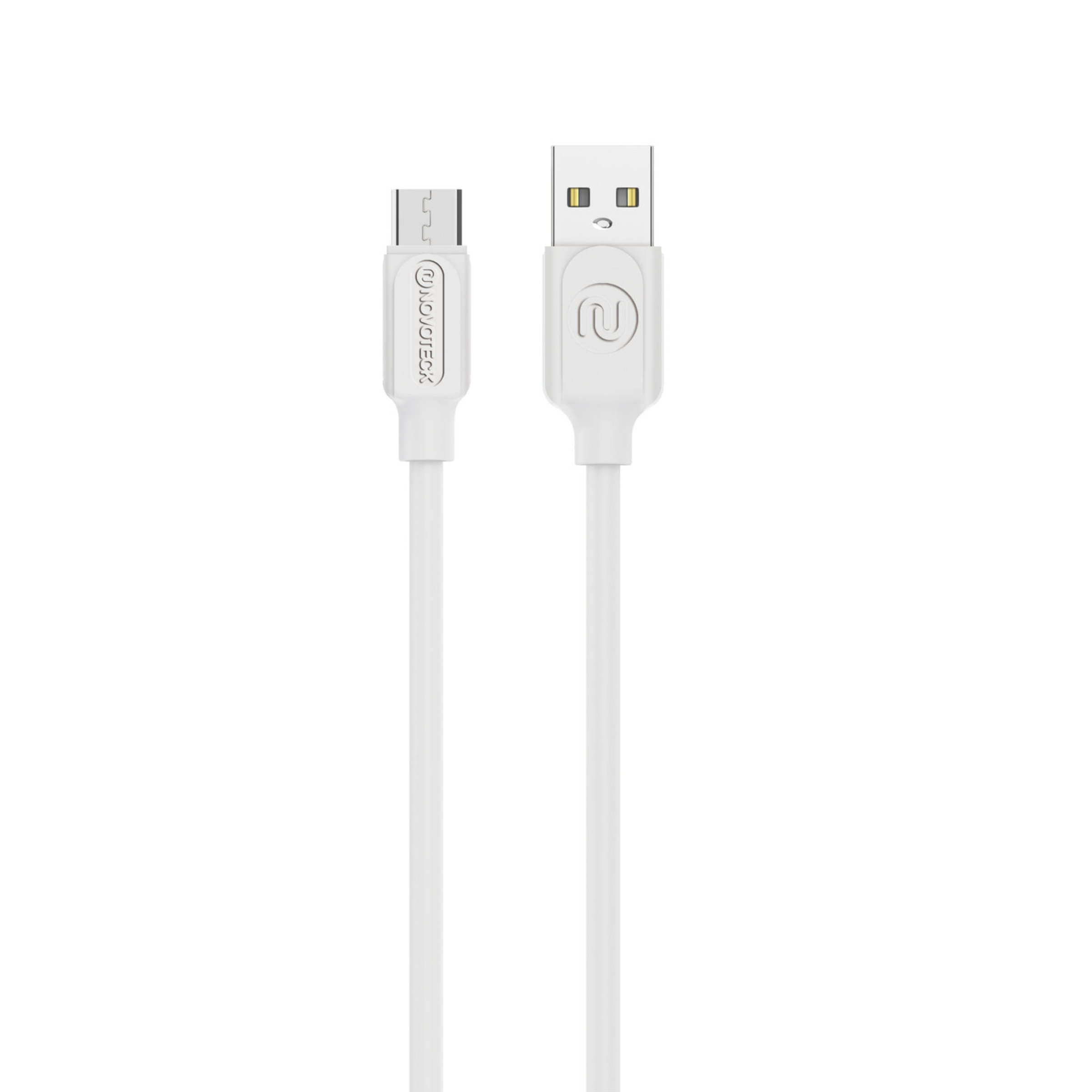 Un cable USB blanco con conectores Micro-USB y USB-A.