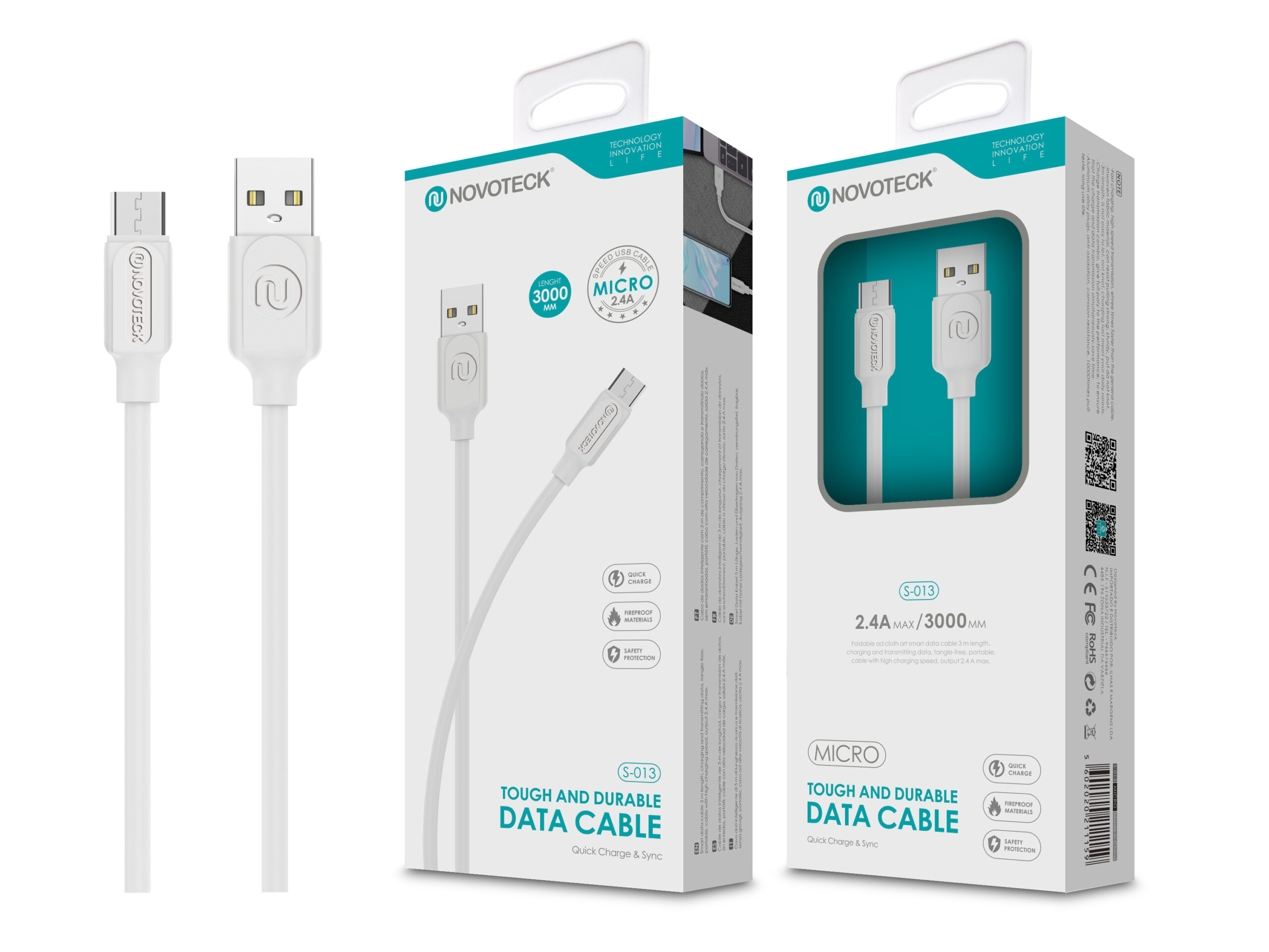 Cable blanco USB a Micro USB con conectores plateados sobre embalaje blanco.