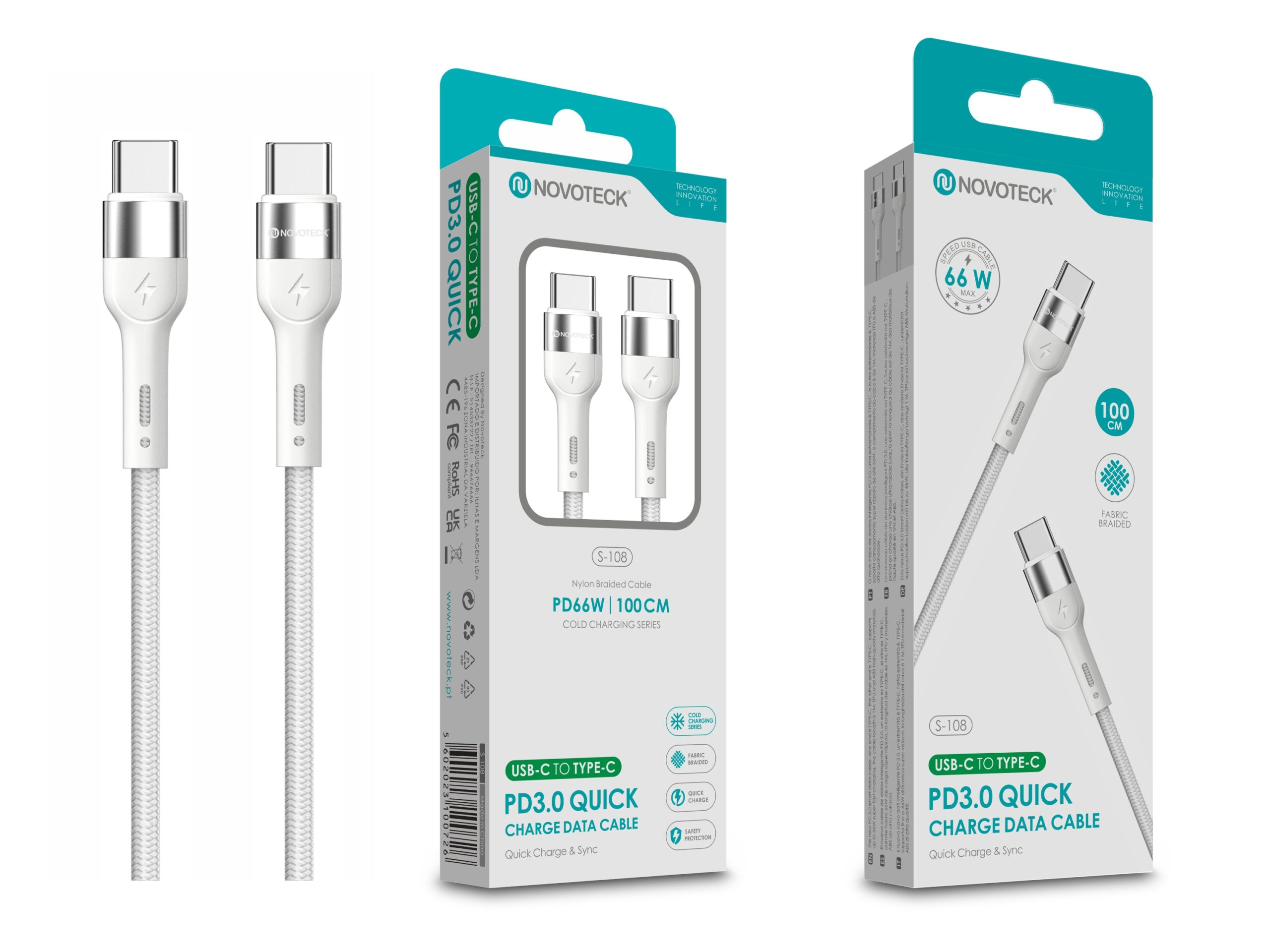 Dos cables blancos Novoteck USB-C a Tipo-C con conectores plateados en embalaje blanco.
