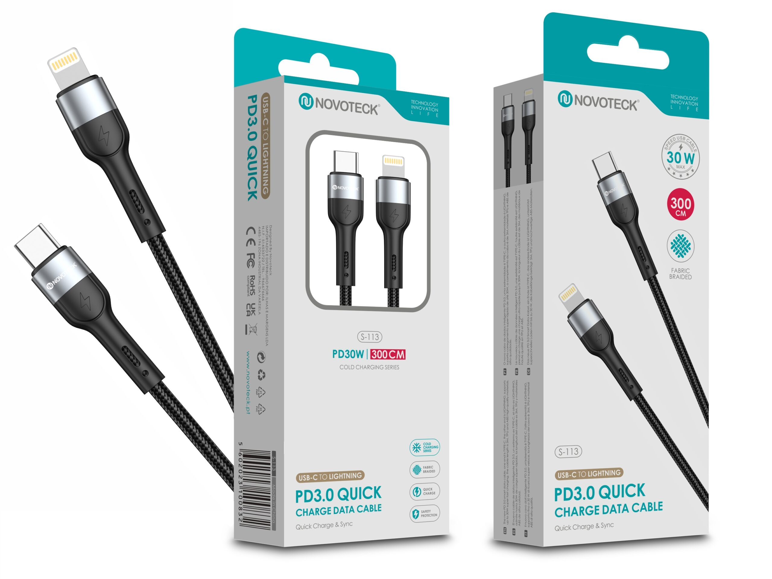 Cavo Novoteck USB-C a Lightning, ricarica rapida 30W, 3m, nero, intrecciato.