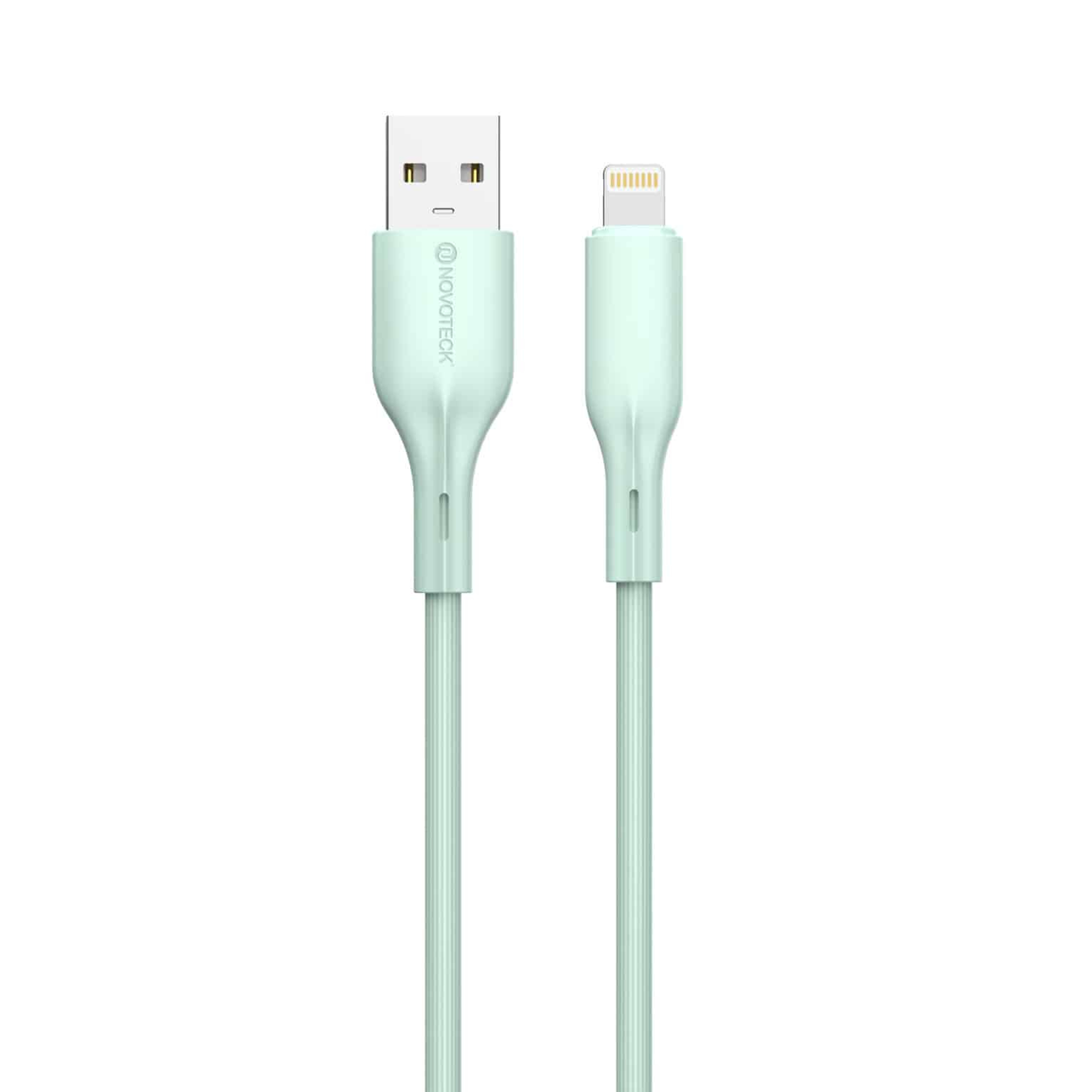 Un cavo USB-A a Lightning verde menta che mostra entrambi i connettori.
